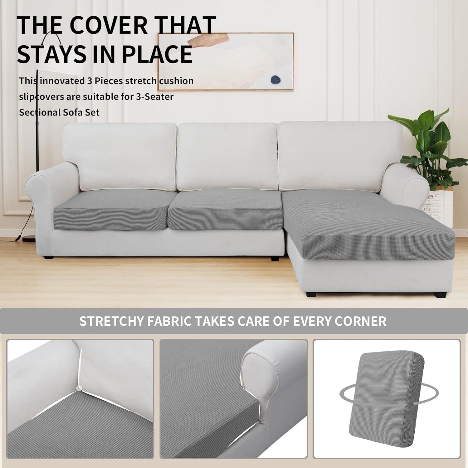 image:imageEasyGoing Stretch 4 Pieces Couch Cushion Covers for Sectional Sofa LeftRight L Shape Chaise Lounge Sofa Seat slipcover AntiSlip Sofa Cover Soft 3 Seater 1 Chaise Dark GrayLight Gray