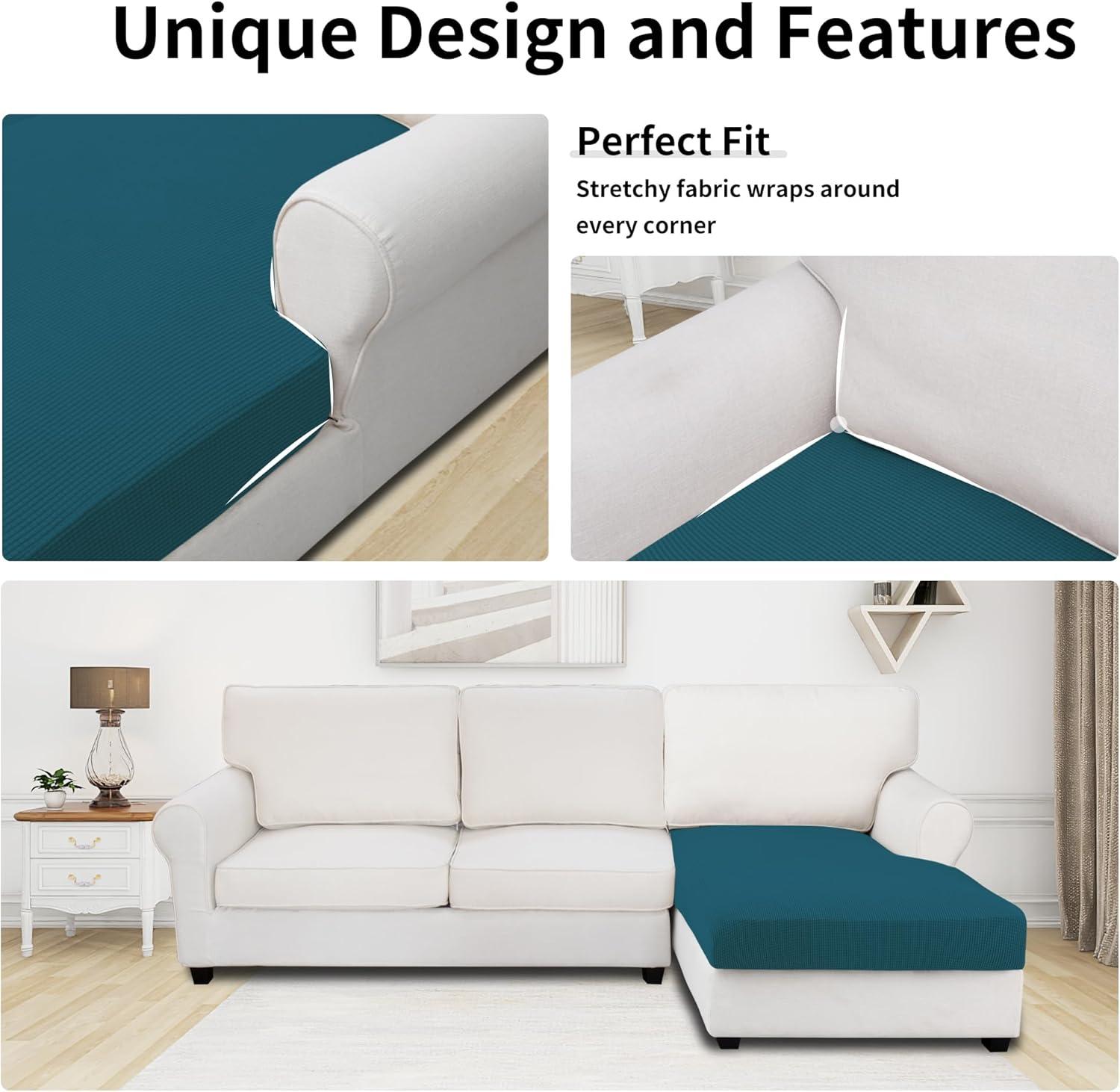 image:imageEasyGoing Stretch 4 Pieces Couch Cushion Covers for Sectional Sofa LeftRight L Shape Chaise Lounge Sofa Seat slipcover AntiSlip Sofa Cover Soft 3 Seater 1 Chaise Dark GrayPeacock Blue
