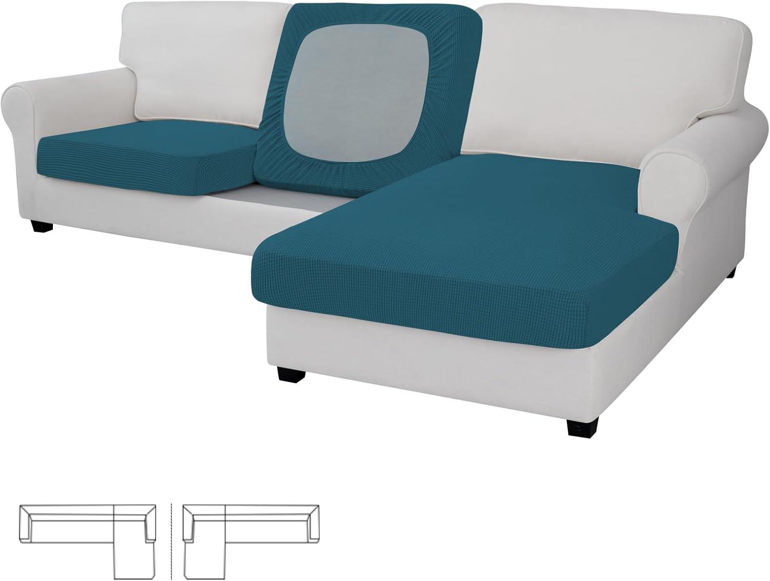 image:imageEasyGoing Stretch 4 Pieces Couch Cushion Covers for Sectional Sofa LeftRight L Shape Chaise Lounge Sofa Seat slipcover AntiSlip Sofa Cover Soft 3 Seater 1 Chaise Dark GrayPeacock Blue