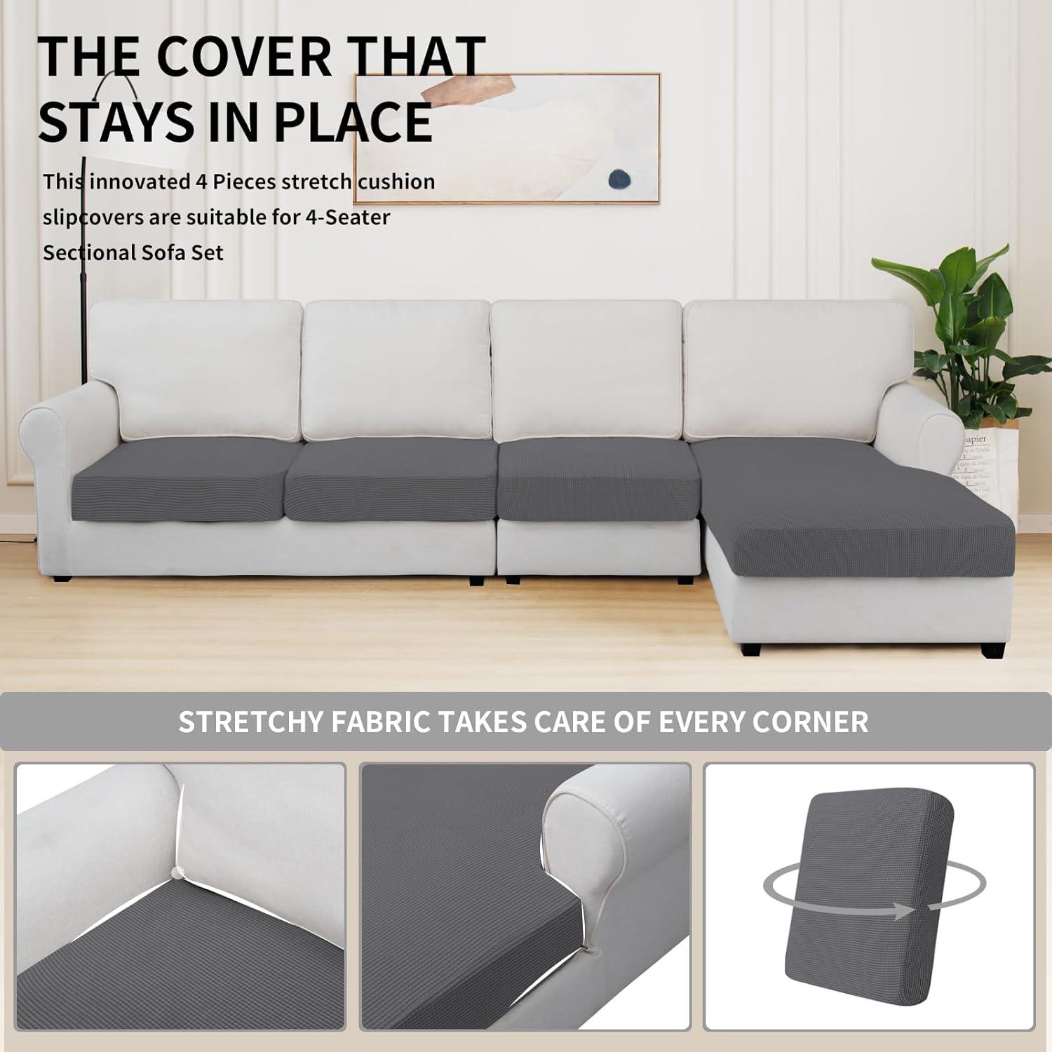 image:imageEasyGoing Stretch 4 Pieces Couch Cushion Covers for Sectional Sofa LeftRight L Shape Chaise Lounge Sofa Seat slipcover AntiSlip Sofa Cover Soft 3 Seater 1 Chaise Dark GrayGrey