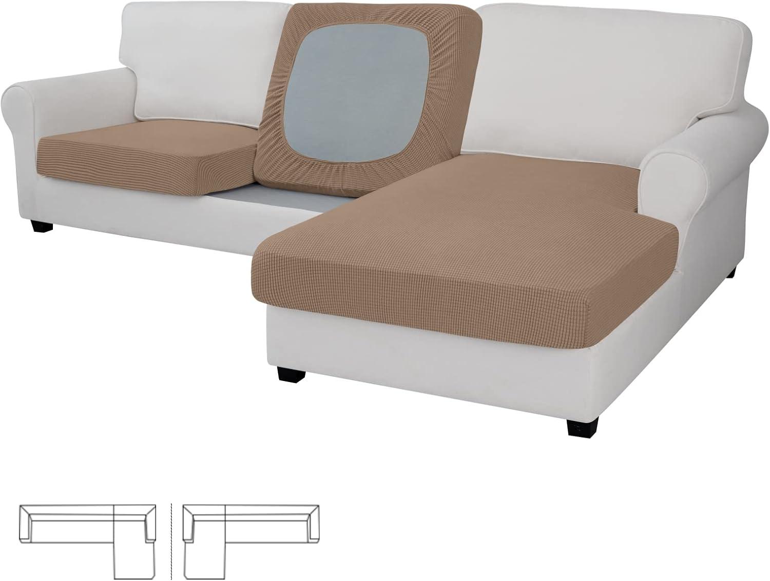 image:imageEasyGoing Stretch 4 Pieces Couch Cushion Covers for Sectional Sofa LeftRight L Shape Chaise Lounge Sofa Seat slipcover AntiSlip Sofa Cover Soft 3 Seater 1 Chaise Dark GrayCamel