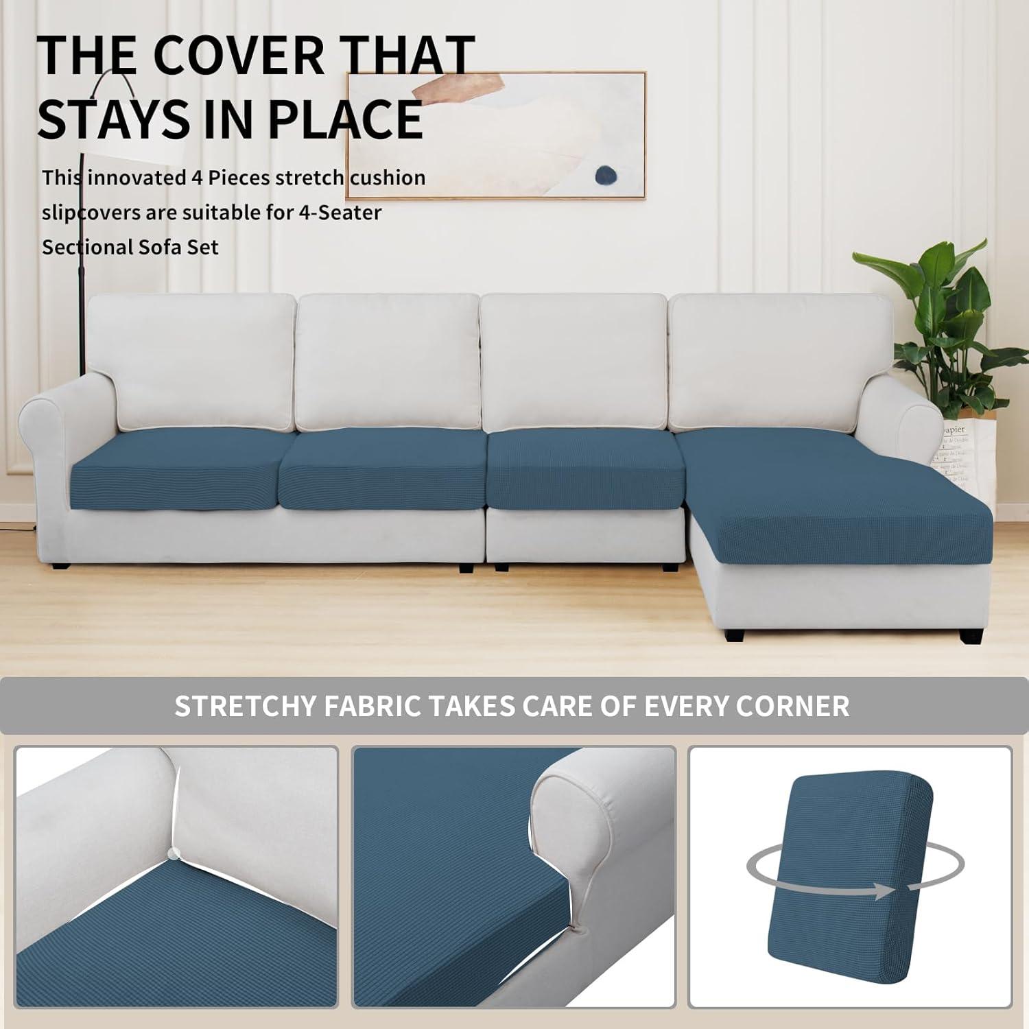 image:imageEasyGoing Stretch 4 Pieces Couch Cushion Covers for Sectional Sofa LeftRight L Shape Chaise Lounge Sofa Seat slipcover AntiSlip Sofa Cover Soft 3 Seater 1 Chaise Dark GrayBluestone