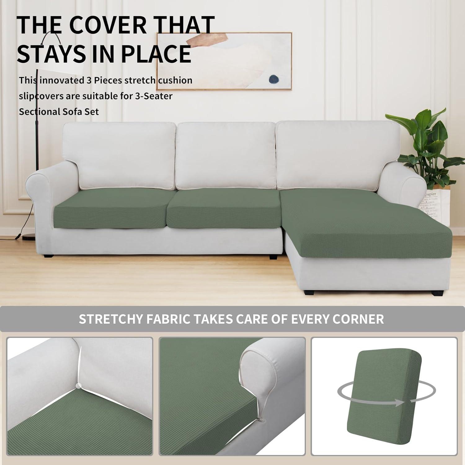 image:imageEasyGoing Stretch 4 Pieces Couch Cushion Covers for Sectional Sofa LeftRight L Shape Chaise Lounge Sofa Seat slipcover AntiSlip Sofa Cover Soft 3 Seater 1 Chaise Dark GrayGreyish Green