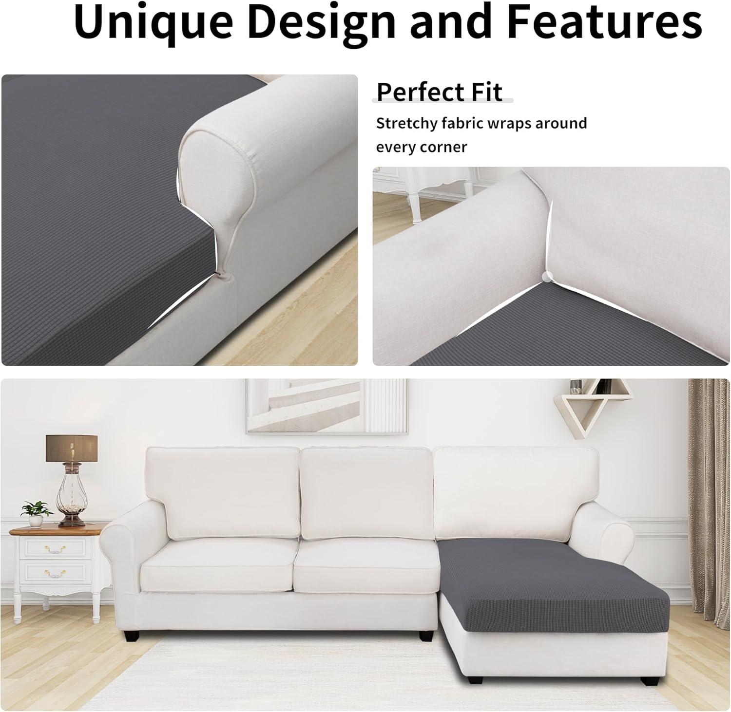 image:imageEasyGoing Stretch 4 Pieces Couch Cushion Covers for Sectional Sofa LeftRight L Shape Chaise Lounge Sofa Seat slipcover AntiSlip Sofa Cover Soft 3 Seater 1 Chaise Dark GrayGrey