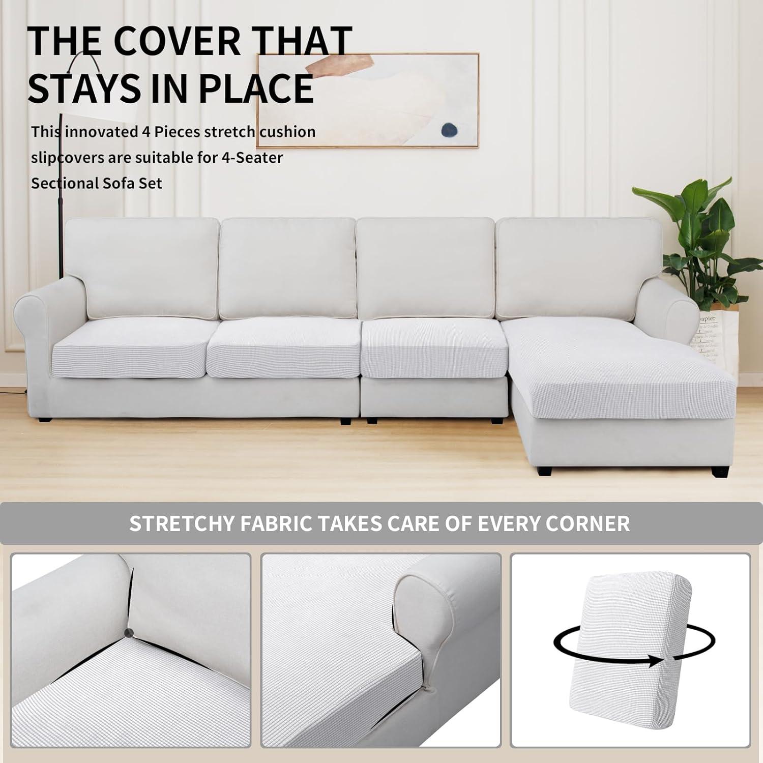 image:imageEasyGoing Stretch 4 Pieces Couch Cushion Covers for Sectional Sofa LeftRight L Shape Chaise Lounge Sofa Seat slipcover AntiSlip Sofa Cover Soft 3 Seater 1 Chaise Dark GraySnow White