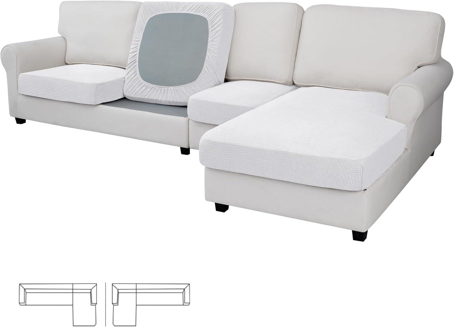 image:imageEasyGoing Stretch 4 Pieces Couch Cushion Covers for Sectional Sofa LeftRight L Shape Chaise Lounge Sofa Seat slipcover AntiSlip Sofa Cover Soft 3 Seater 1 Chaise Dark GraySnow White