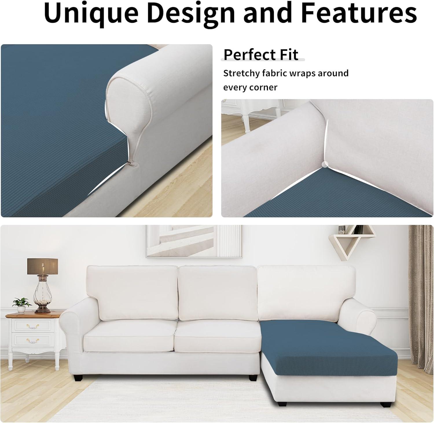 image:imageEasyGoing Stretch 4 Pieces Couch Cushion Covers for Sectional Sofa LeftRight L Shape Chaise Lounge Sofa Seat slipcover AntiSlip Sofa Cover Soft 3 Seater 1 Chaise Dark GrayBluestone