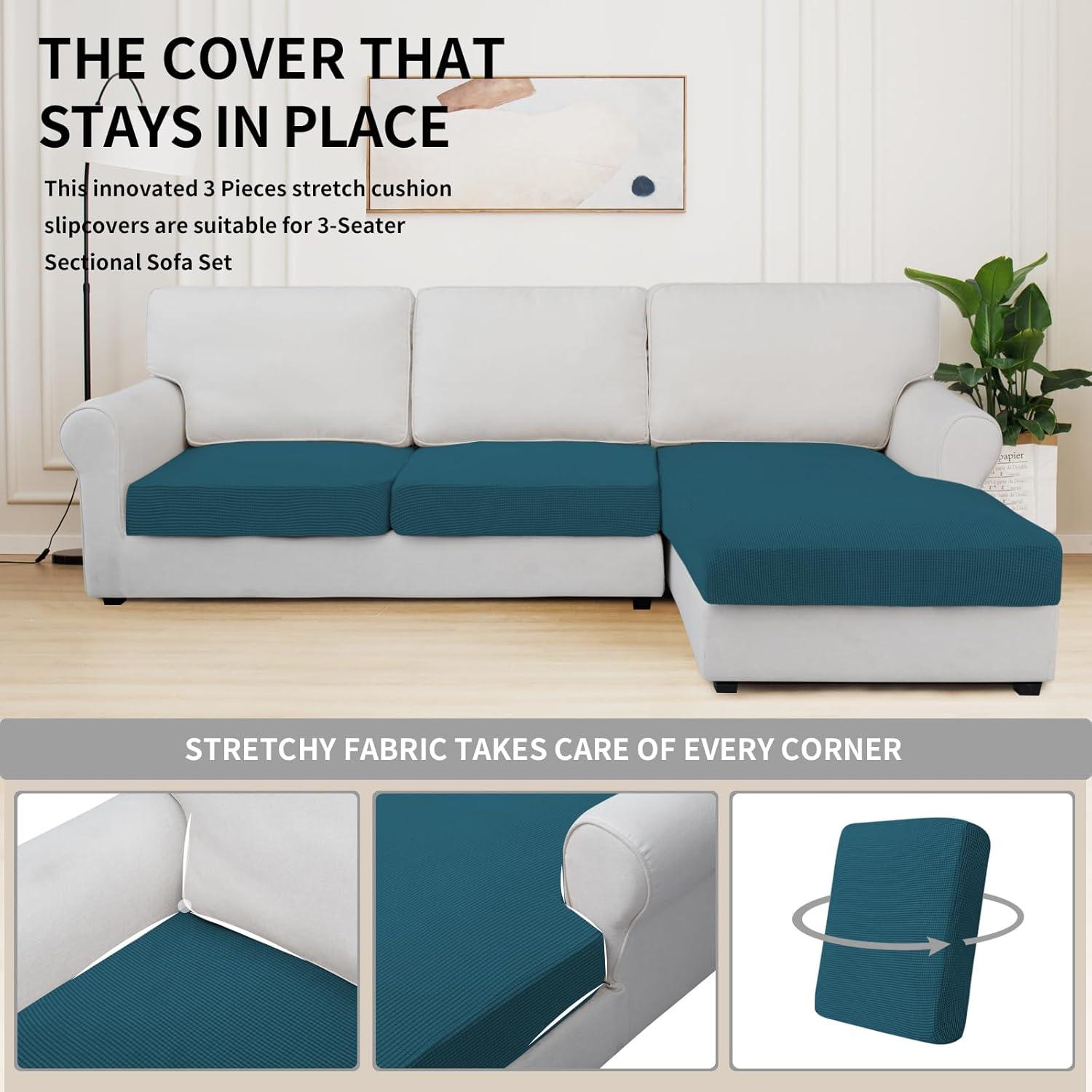 image:imageEasyGoing Stretch 4 Pieces Couch Cushion Covers for Sectional Sofa LeftRight L Shape Chaise Lounge Sofa Seat slipcover AntiSlip Sofa Cover Soft 3 Seater 1 Chaise Dark GrayPeacock Blue