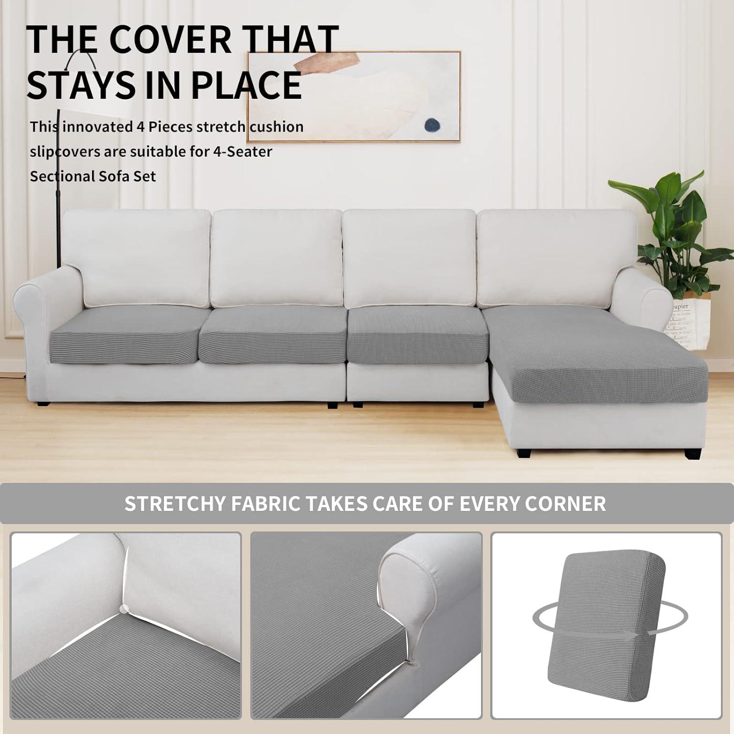 image:imageEasyGoing Stretch 4 Pieces Couch Cushion Covers for Sectional Sofa LeftRight L Shape Chaise Lounge Sofa Seat slipcover AntiSlip Sofa Cover Soft 3 Seater 1 Chaise Dark GrayLight Gray