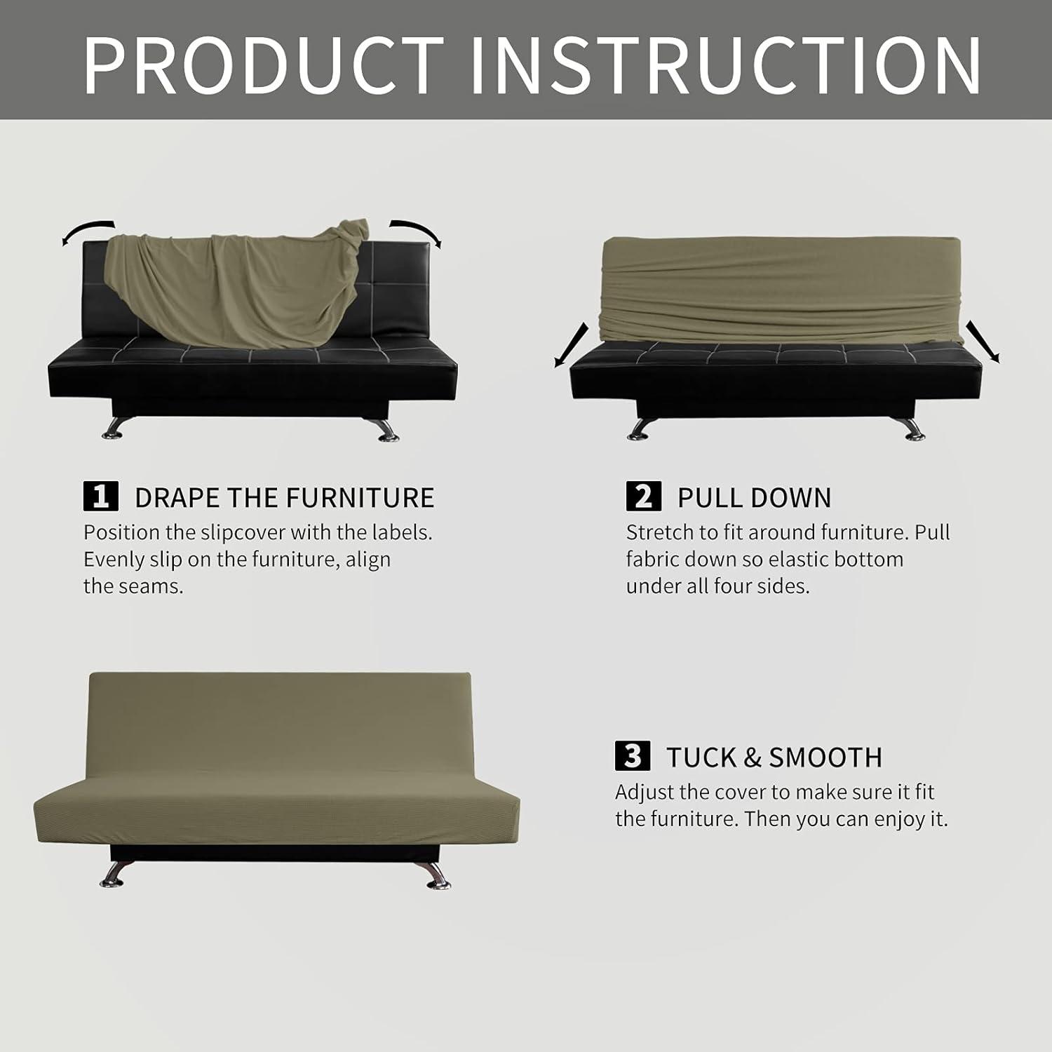 image:imageEasyGoing Stretch Futon Slipcover Armless Futon Bed Cover Furniture Protector Without Armrests with Elastic Bottom for Kids Soft Jacquard Fabric Small Checks Large Dark GrayKhaki