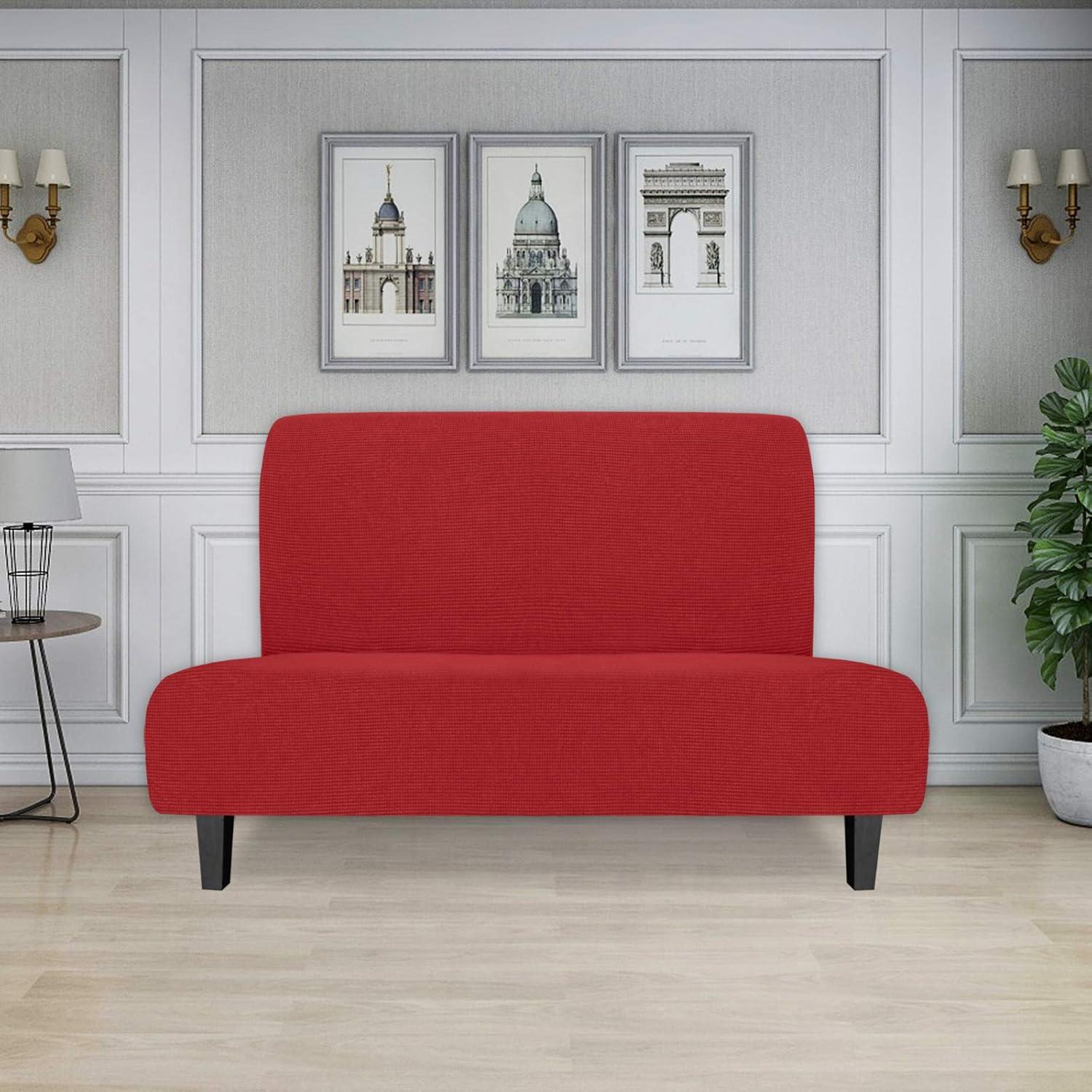 image:imageEasyGoing Stretch Futon Slipcover Armless Futon Bed Cover Furniture Protector Without Armrests with Elastic Bottom for Kids Soft Jacquard Fabric Small Checks Large Dark GrayChristmas Red