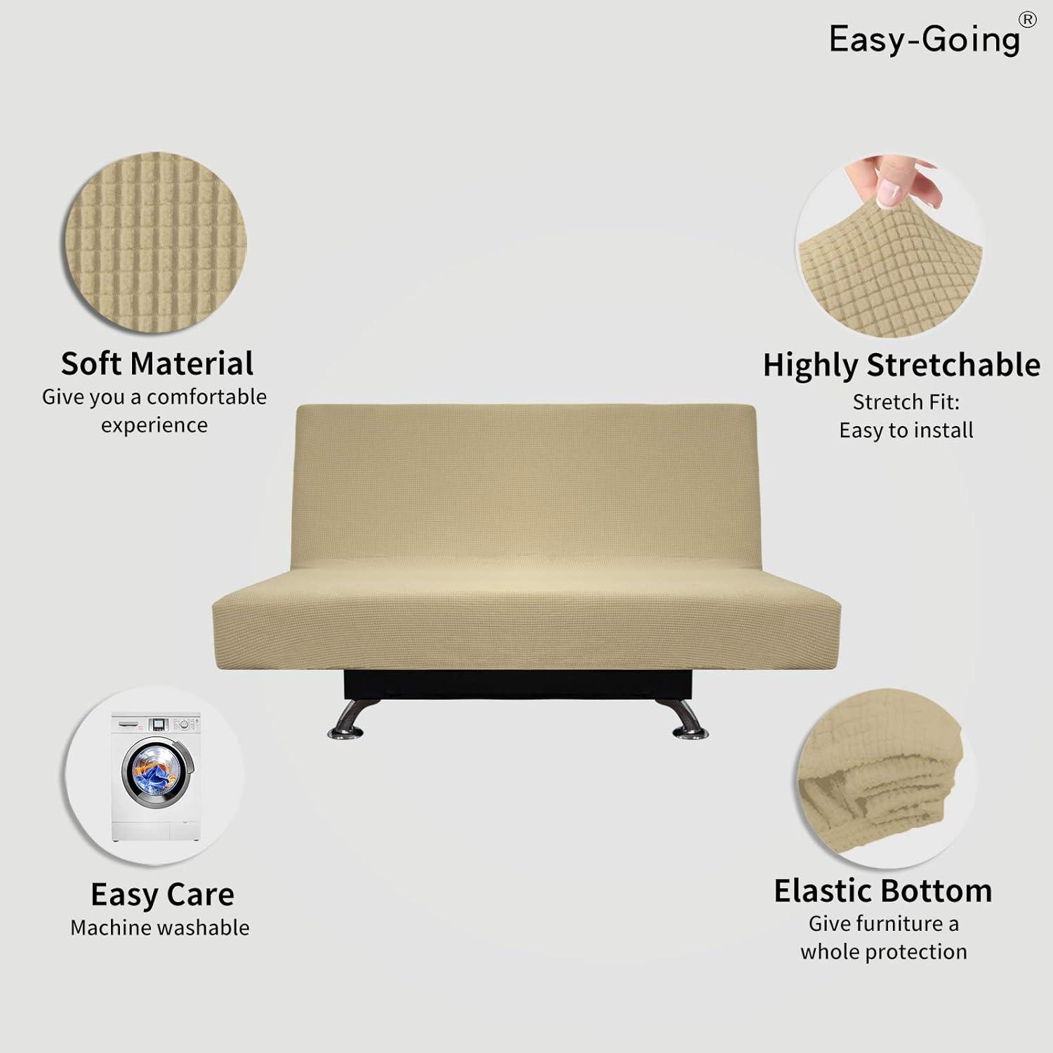 image:imageEasyGoing Stretch Futon Slipcover Armless Futon Bed Cover Furniture Protector Without Armrests with Elastic Bottom for Kids Soft Jacquard Fabric Small Checks Large Dark GrayBeige