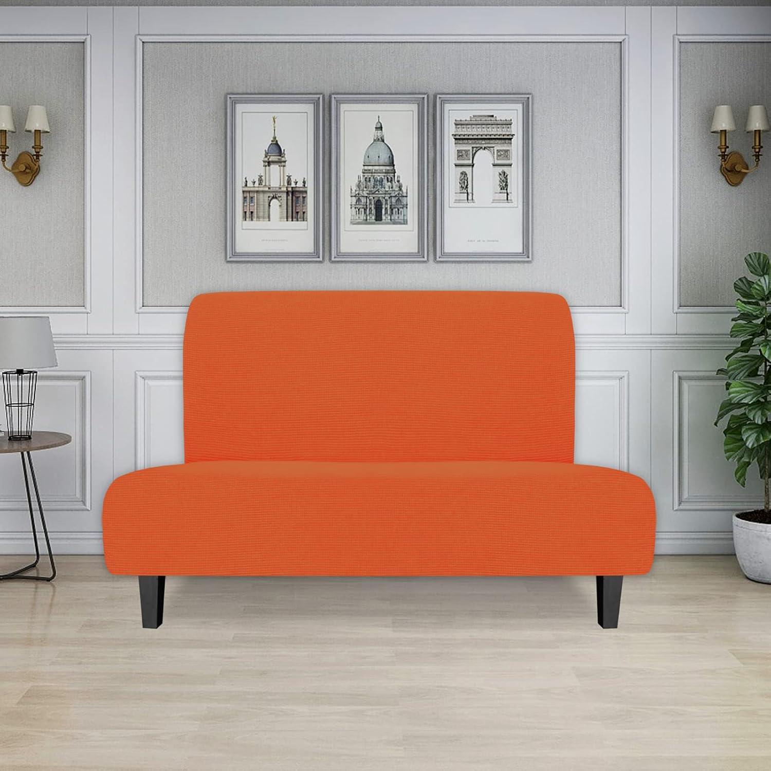 image:imageEasyGoing Stretch Futon Slipcover Armless Futon Bed Cover Furniture Protector Without Armrests with Elastic Bottom for Kids Soft Jacquard Fabric Small Checks Large Dark GrayOrange