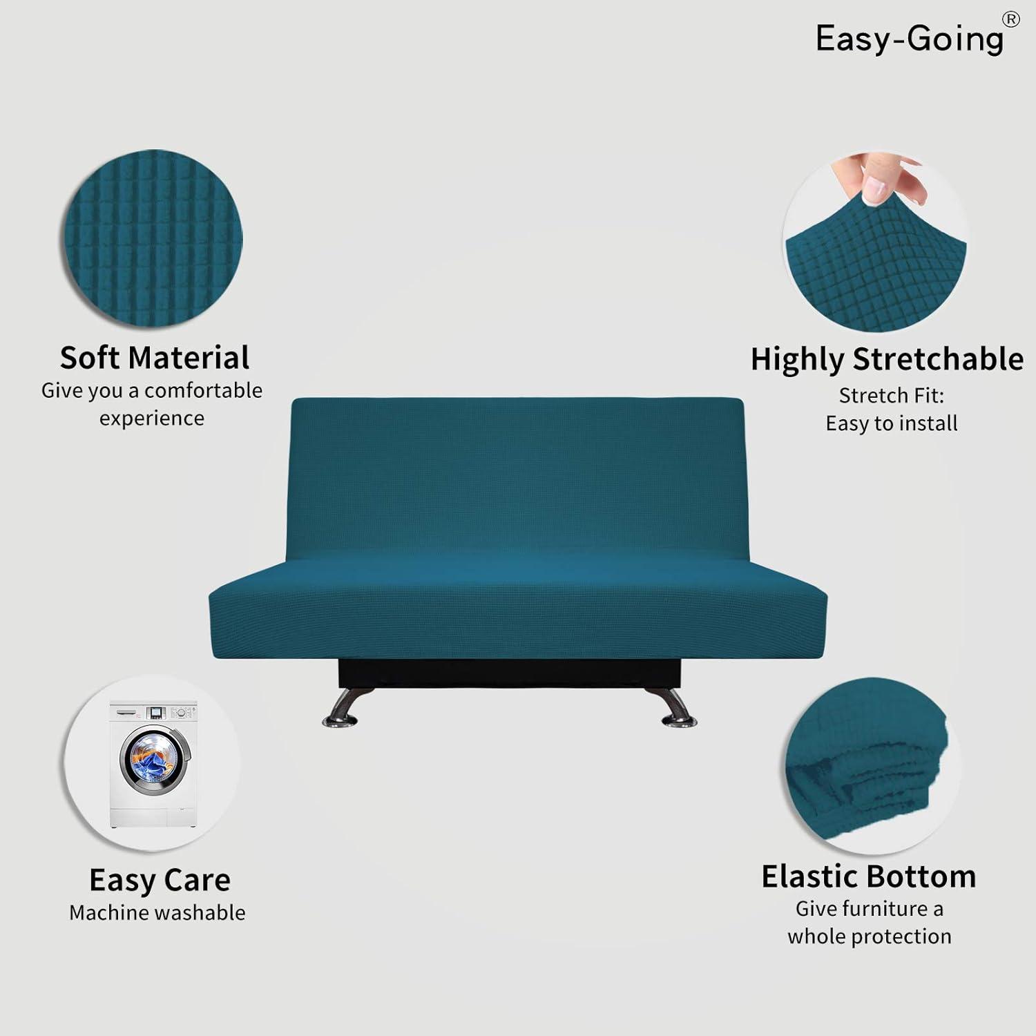 image:imageEasyGoing Stretch Futon Slipcover Armless Futon Bed Cover Furniture Protector Without Armrests with Elastic Bottom for Kids Soft Jacquard Fabric Small Checks Large Dark GrayPeacock Blue