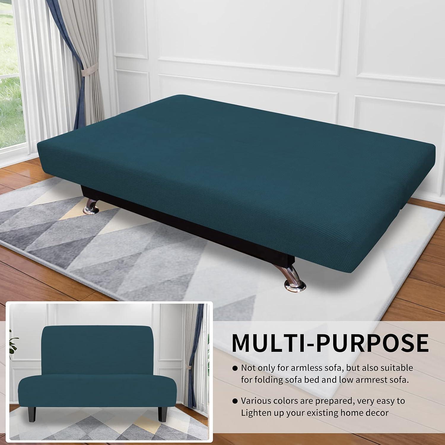 image:imageEasyGoing Stretch Futon Slipcover Armless Futon Bed Cover Furniture Protector Without Armrests with Elastic Bottom for Kids Soft Jacquard Fabric Small Checks Large Dark GrayDeep Teal