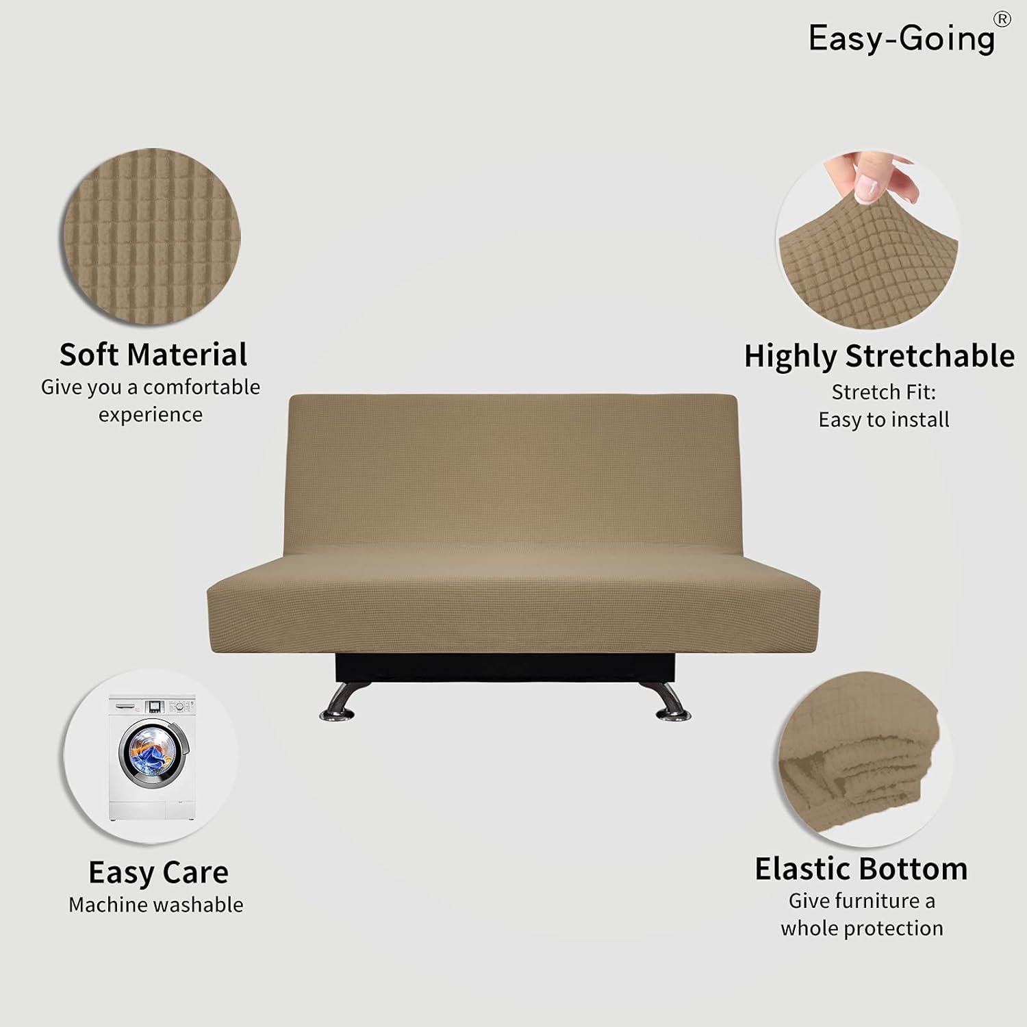 image:imageEasyGoing Stretch Futon Slipcover Armless Futon Bed Cover Furniture Protector Without Armrests with Elastic Bottom for Kids Soft Jacquard Fabric Small Checks Large Dark GrayTan