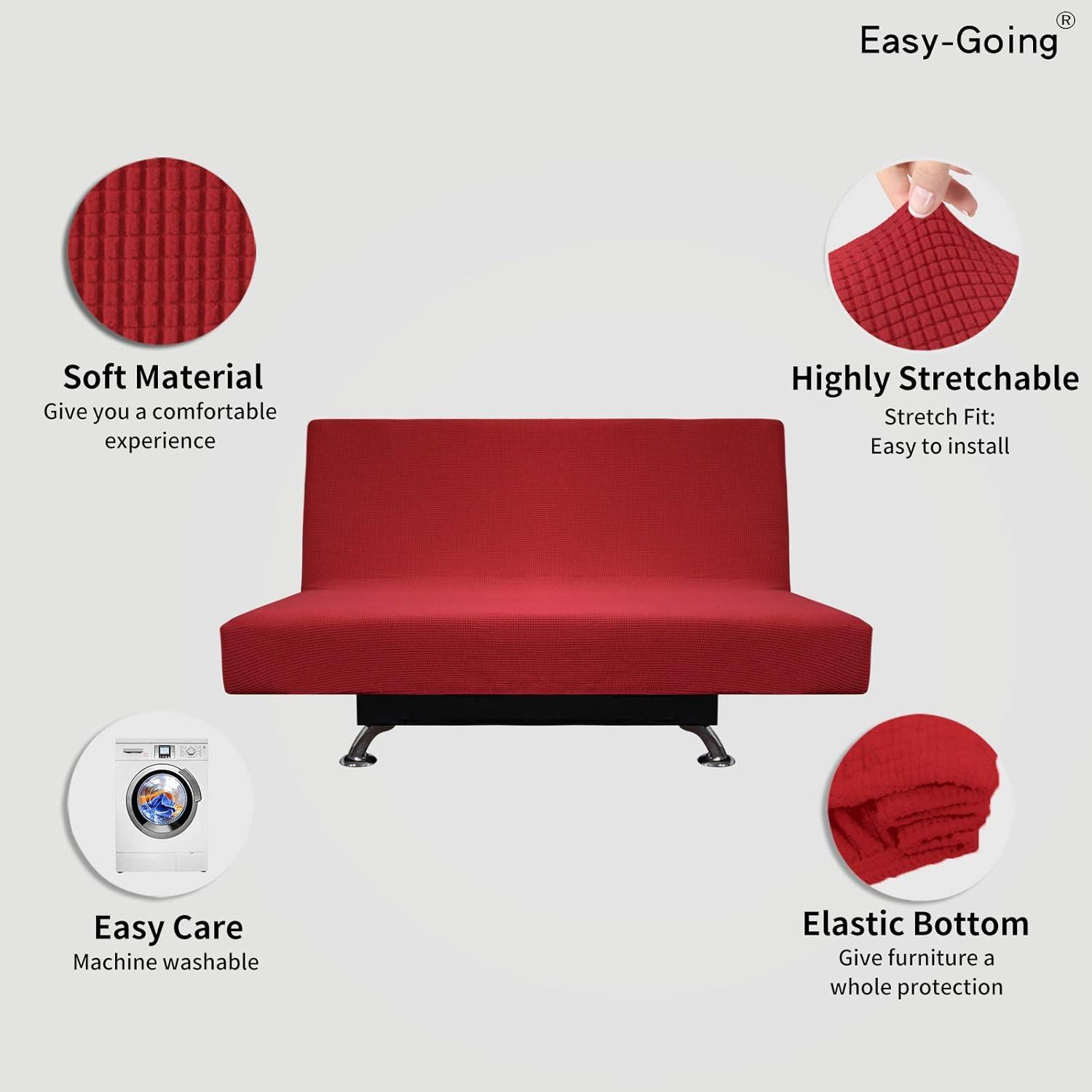 image:imageEasyGoing Stretch Futon Slipcover Armless Futon Bed Cover Furniture Protector Without Armrests with Elastic Bottom for Kids Soft Jacquard Fabric Small Checks Large Dark GrayChristmas Red