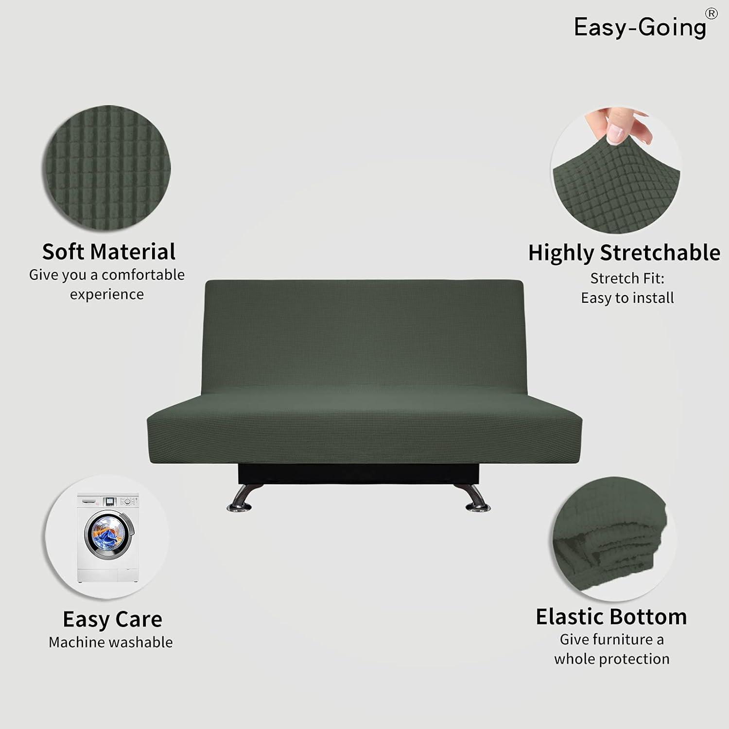 image:imageEasyGoing Stretch Futon Slipcover Armless Futon Bed Cover Furniture Protector Without Armrests with Elastic Bottom for Kids Soft Jacquard Fabric Small Checks Large Dark GrayOlive Green