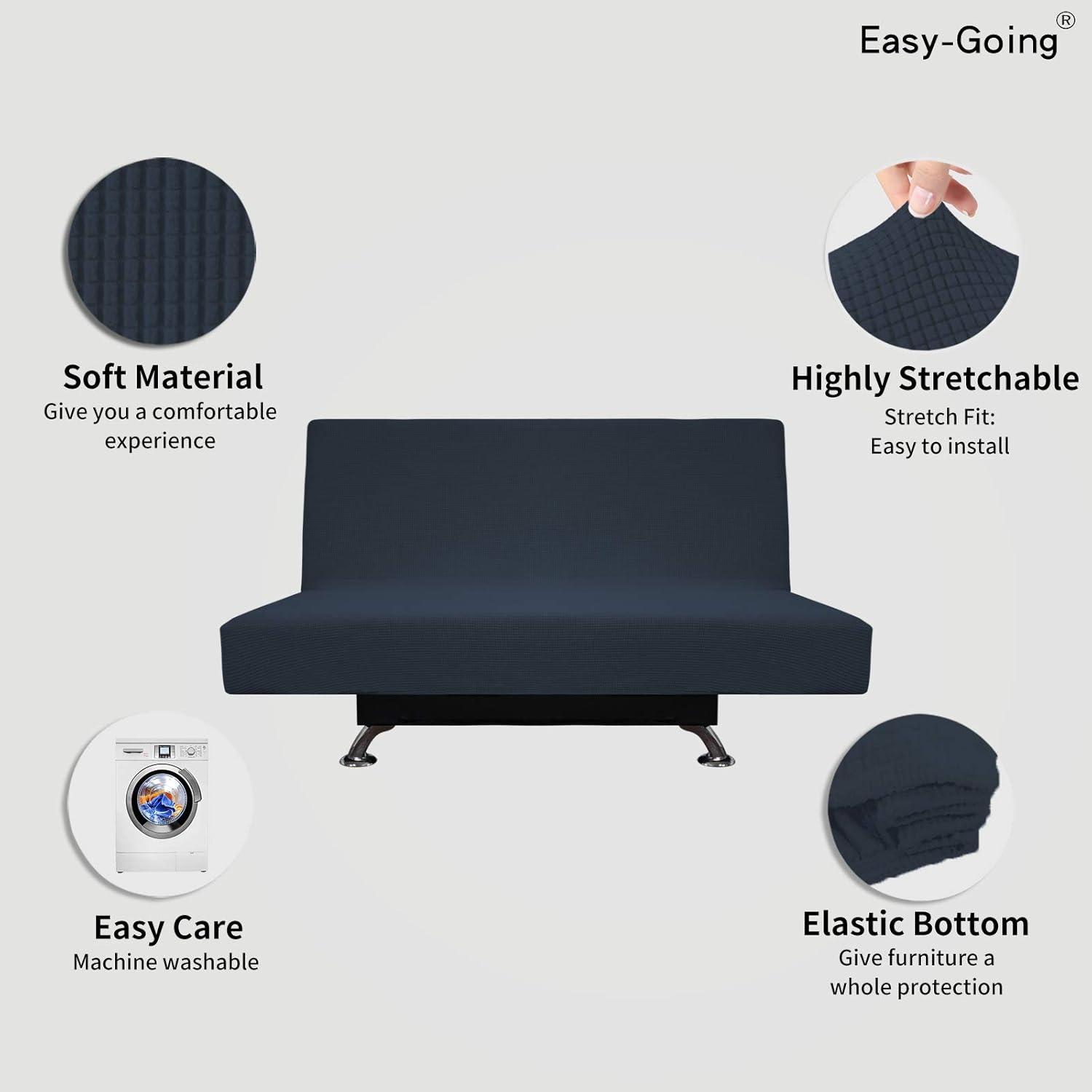 image:imageEasyGoing Stretch Futon Slipcover Armless Futon Bed Cover Furniture Protector Without Armrests with Elastic Bottom for Kids Soft Jacquard Fabric Small Checks Large Dark GrayDark Blue
