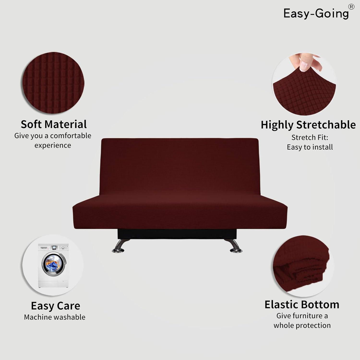 image:imageEasyGoing Stretch Futon Slipcover Armless Futon Bed Cover Furniture Protector Without Armrests with Elastic Bottom for Kids Soft Jacquard Fabric Small Checks Large Dark GrayWine