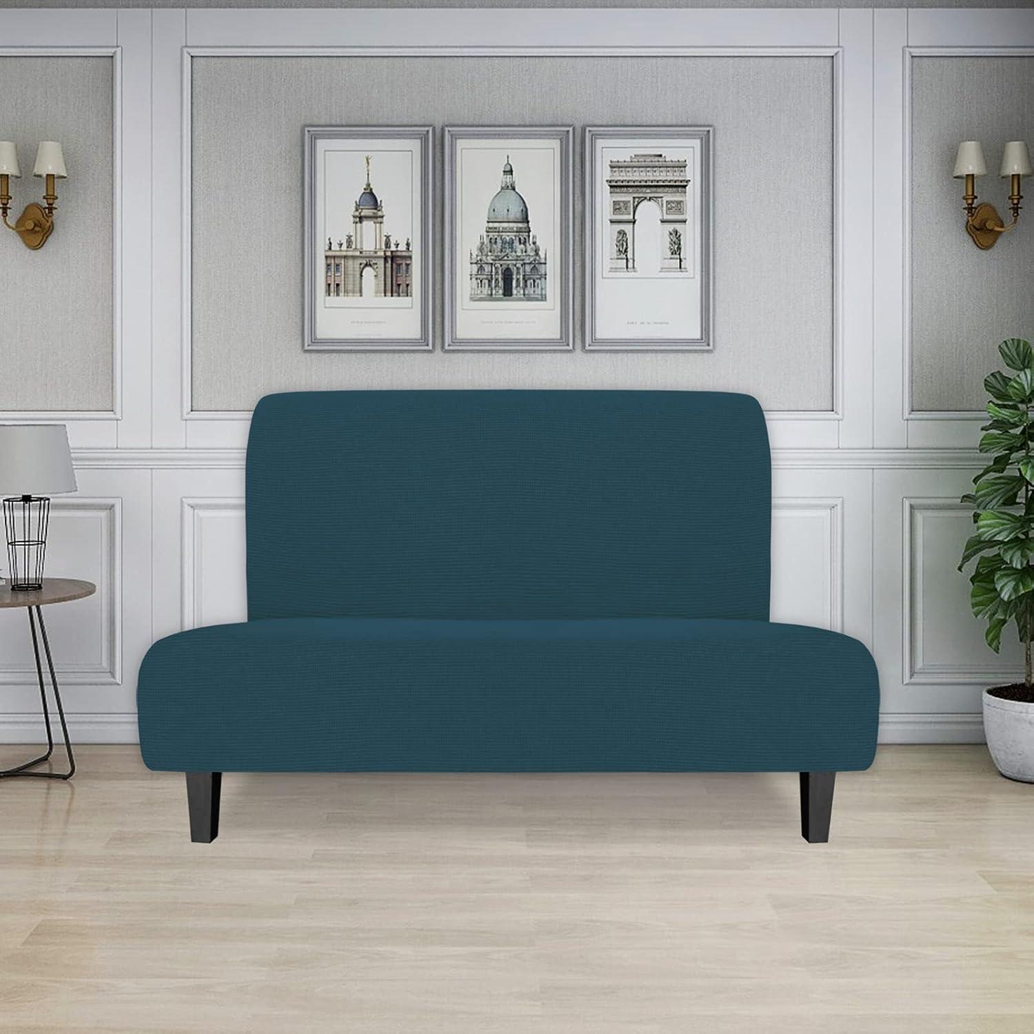 image:imageEasyGoing Stretch Futon Slipcover Armless Futon Bed Cover Furniture Protector Without Armrests with Elastic Bottom for Kids Soft Jacquard Fabric Small Checks Large Dark GrayDeep Teal