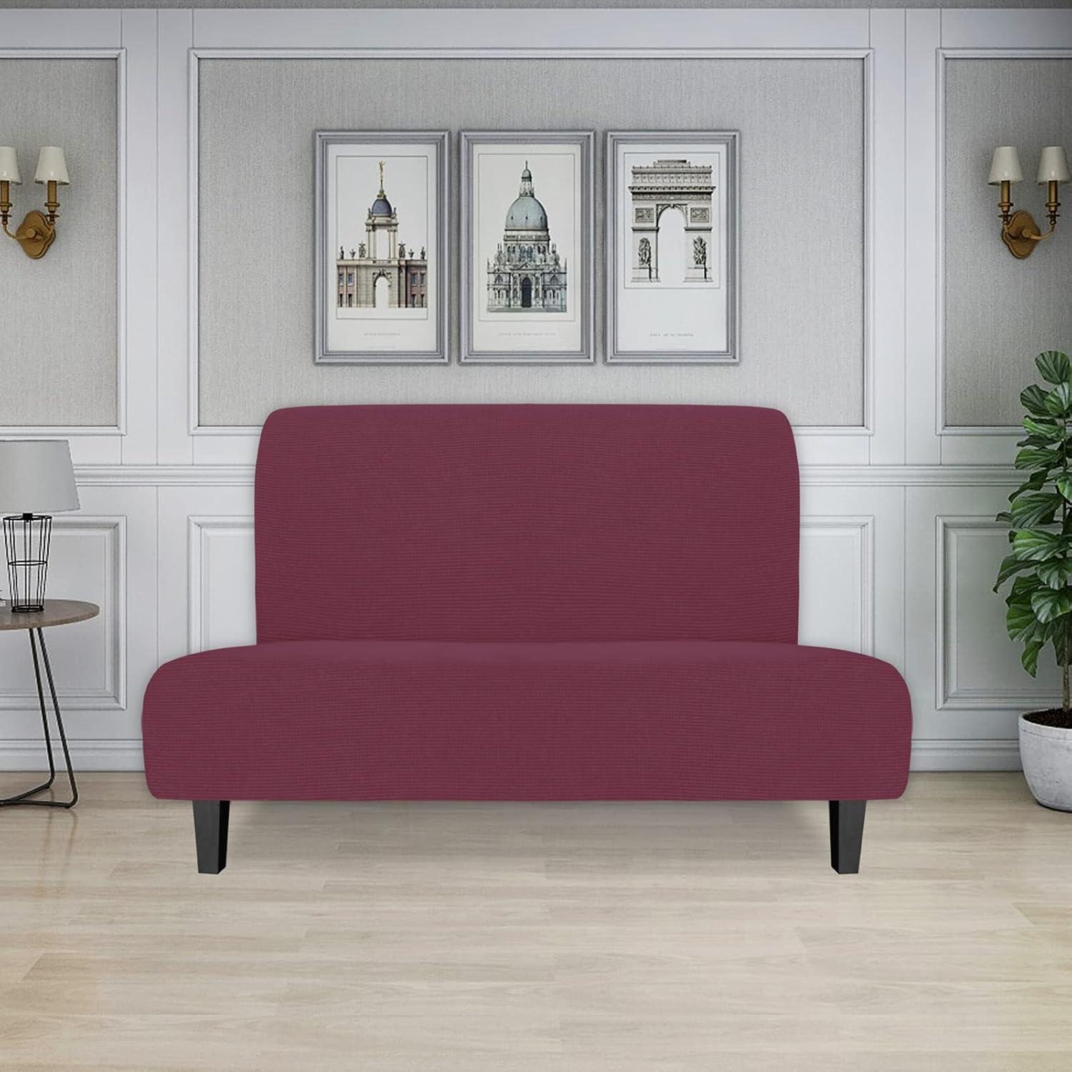 image:imageEasyGoing Stretch Futon Slipcover Armless Futon Bed Cover Furniture Protector Without Armrests with Elastic Bottom for Kids Soft Jacquard Fabric Small Checks Large Dark GrayAsh Rose