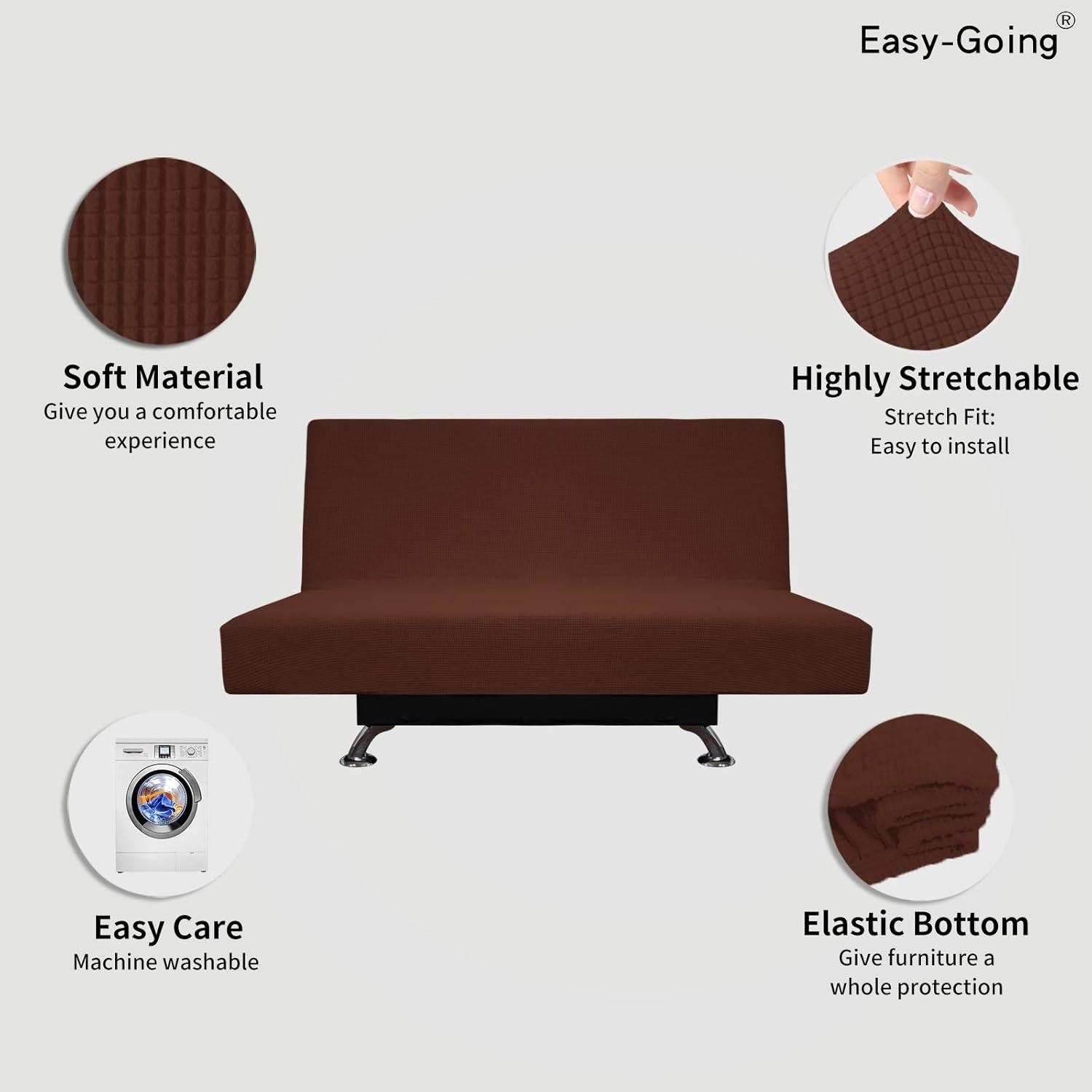 image:imageEasyGoing Stretch Futon Slipcover Armless Futon Bed Cover Furniture Protector Without Armrests with Elastic Bottom for Kids Soft Jacquard Fabric Small Checks Large Dark GrayCoffee