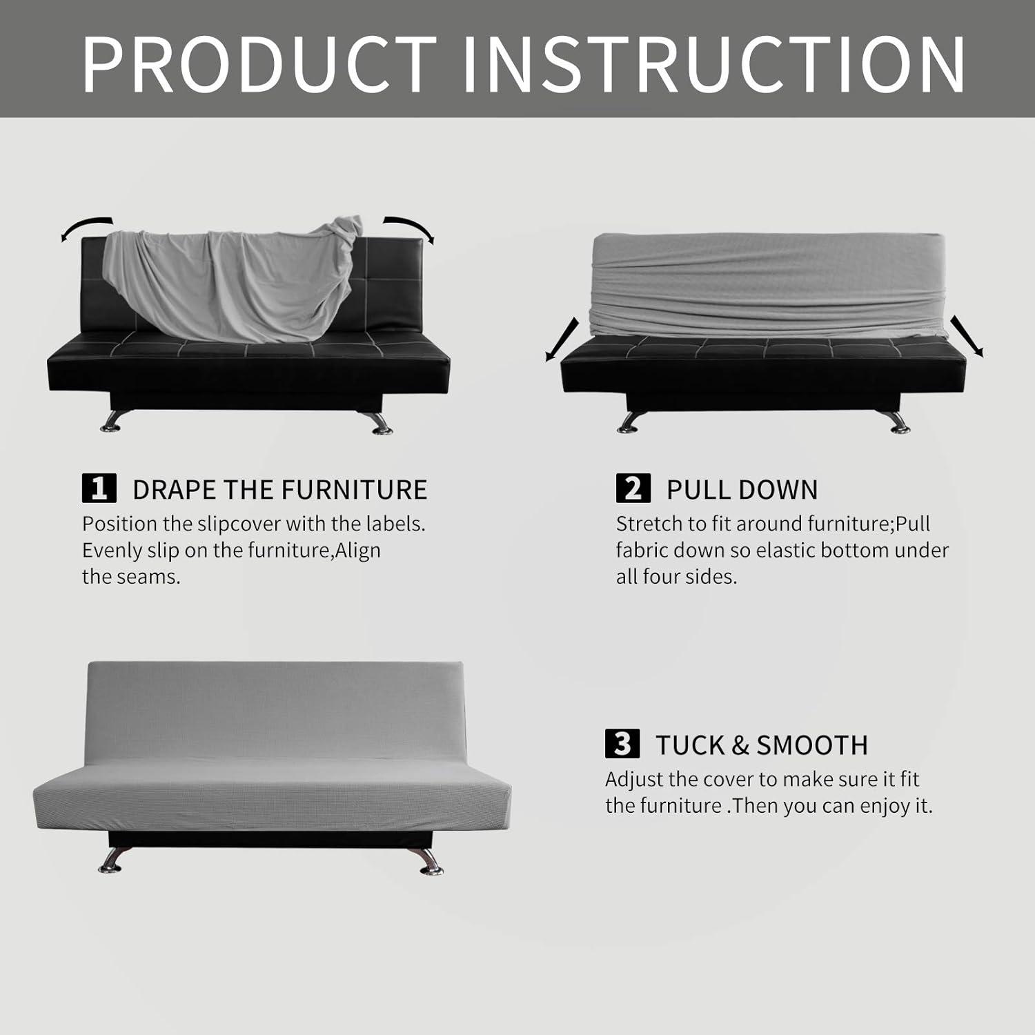 image:imageEasyGoing Stretch Futon Slipcover Armless Futon Bed Cover Furniture Protector Without Armrests with Elastic Bottom for Kids Soft Jacquard Fabric Small Checks Large Dark GrayLight Gray