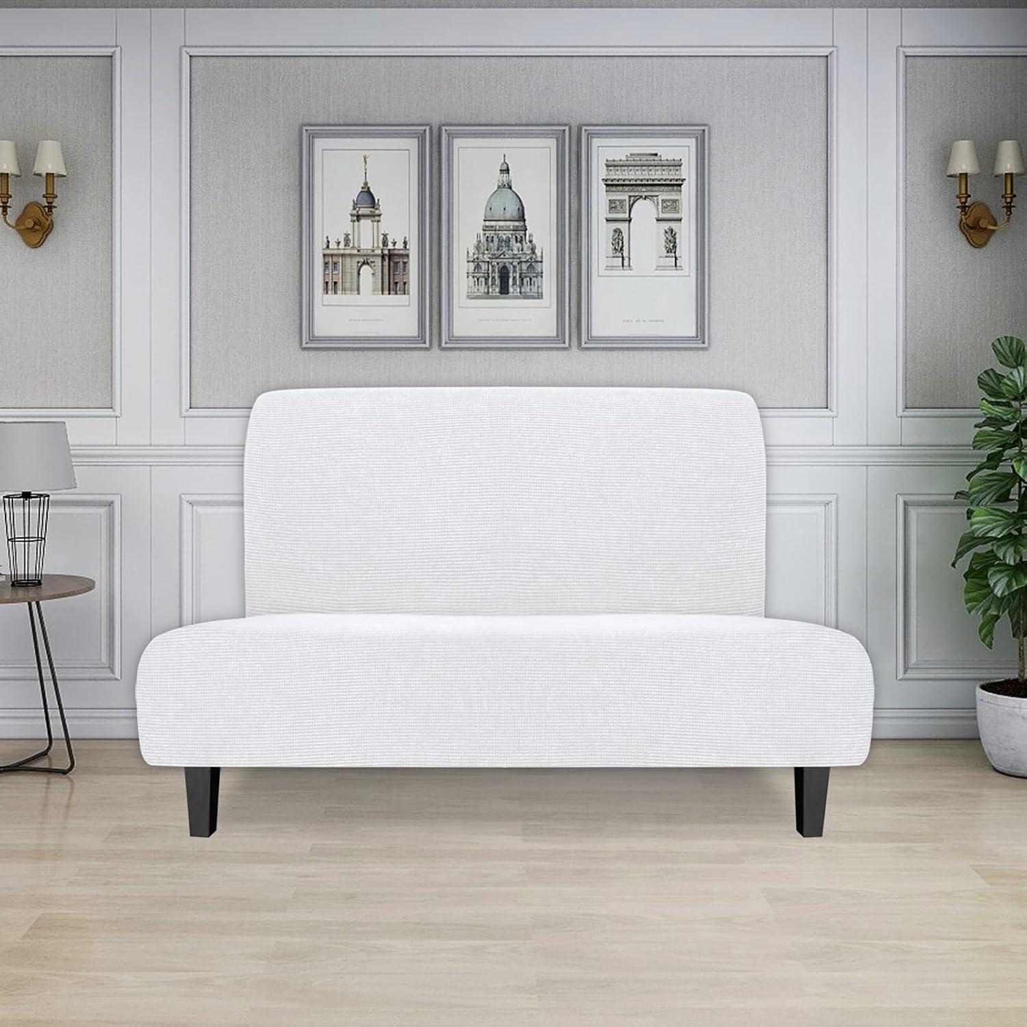 image:imageEasyGoing Stretch Futon Slipcover Armless Futon Bed Cover Furniture Protector Without Armrests with Elastic Bottom for Kids Soft Jacquard Fabric Small Checks Large Dark GraySnow White