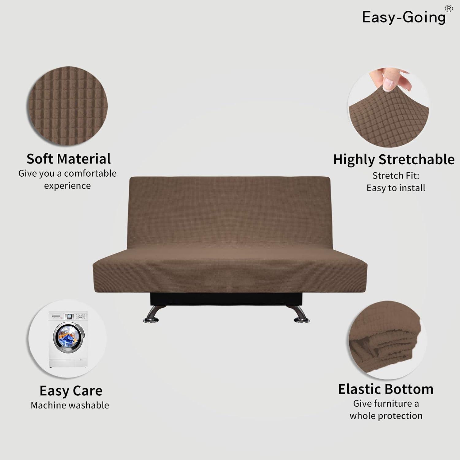 image:imageEasyGoing Stretch Futon Slipcover Armless Futon Bed Cover Furniture Protector Without Armrests with Elastic Bottom for Kids Soft Jacquard Fabric Small Checks Large Dark GrayBrown