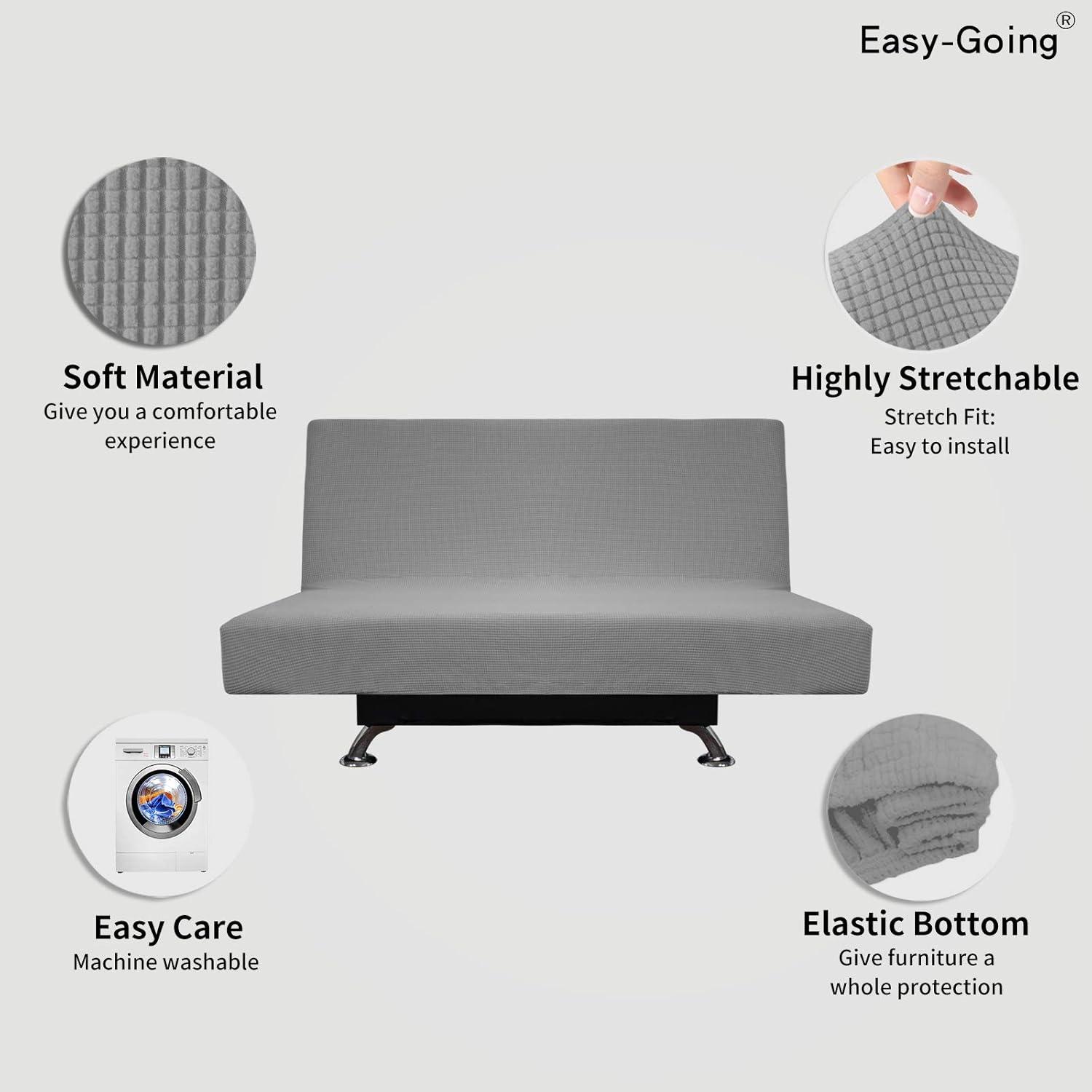 image:imageEasyGoing Stretch Futon Slipcover Armless Futon Bed Cover Furniture Protector Without Armrests with Elastic Bottom for Kids Soft Jacquard Fabric Small Checks Large Dark GrayLight Gray