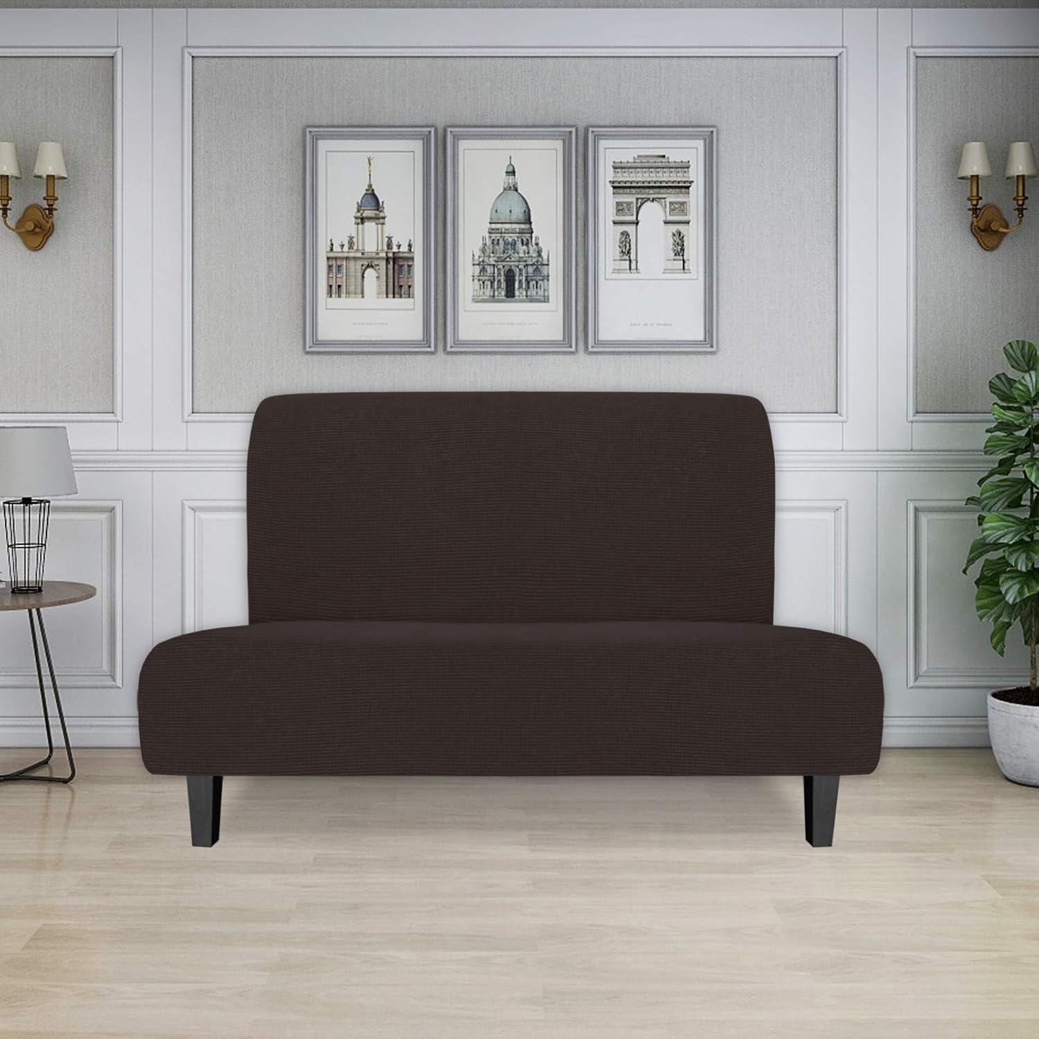 image:imageEasyGoing Stretch Futon Slipcover Armless Futon Bed Cover Furniture Protector Without Armrests with Elastic Bottom for Kids Soft Jacquard Fabric Small Checks Large Dark GrayChocolate