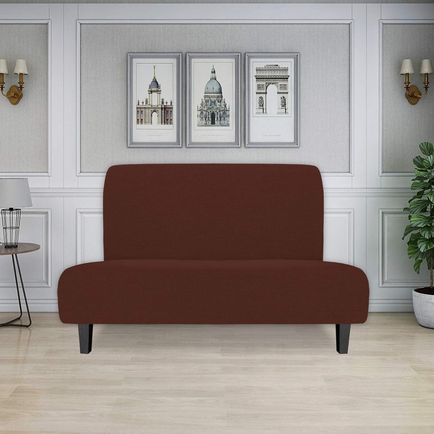 image:imageEasyGoing Stretch Futon Slipcover Armless Futon Bed Cover Furniture Protector Without Armrests with Elastic Bottom for Kids Soft Jacquard Fabric Small Checks Large Dark GrayCoffee