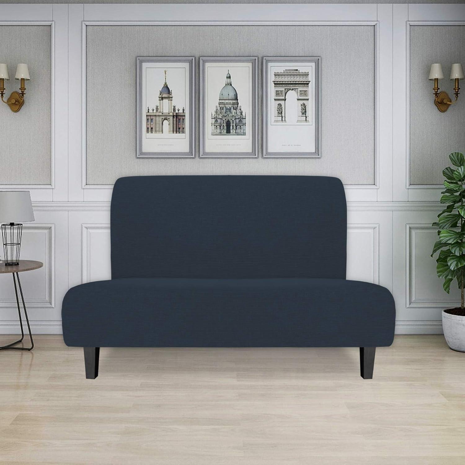 image:imageEasyGoing Stretch Futon Slipcover Armless Futon Bed Cover Furniture Protector Without Armrests with Elastic Bottom for Kids Soft Jacquard Fabric Small Checks Large Dark GrayDark Blue