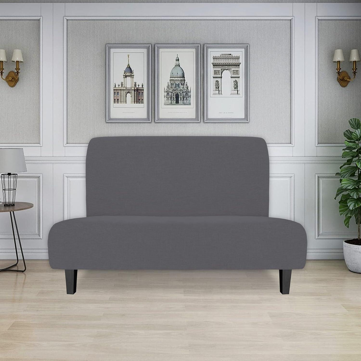 image:imageEasyGoing Stretch Futon Slipcover Armless Futon Bed Cover Furniture Protector Without Armrests with Elastic Bottom for Kids Soft Jacquard Fabric Small Checks Large Dark GrayGrey