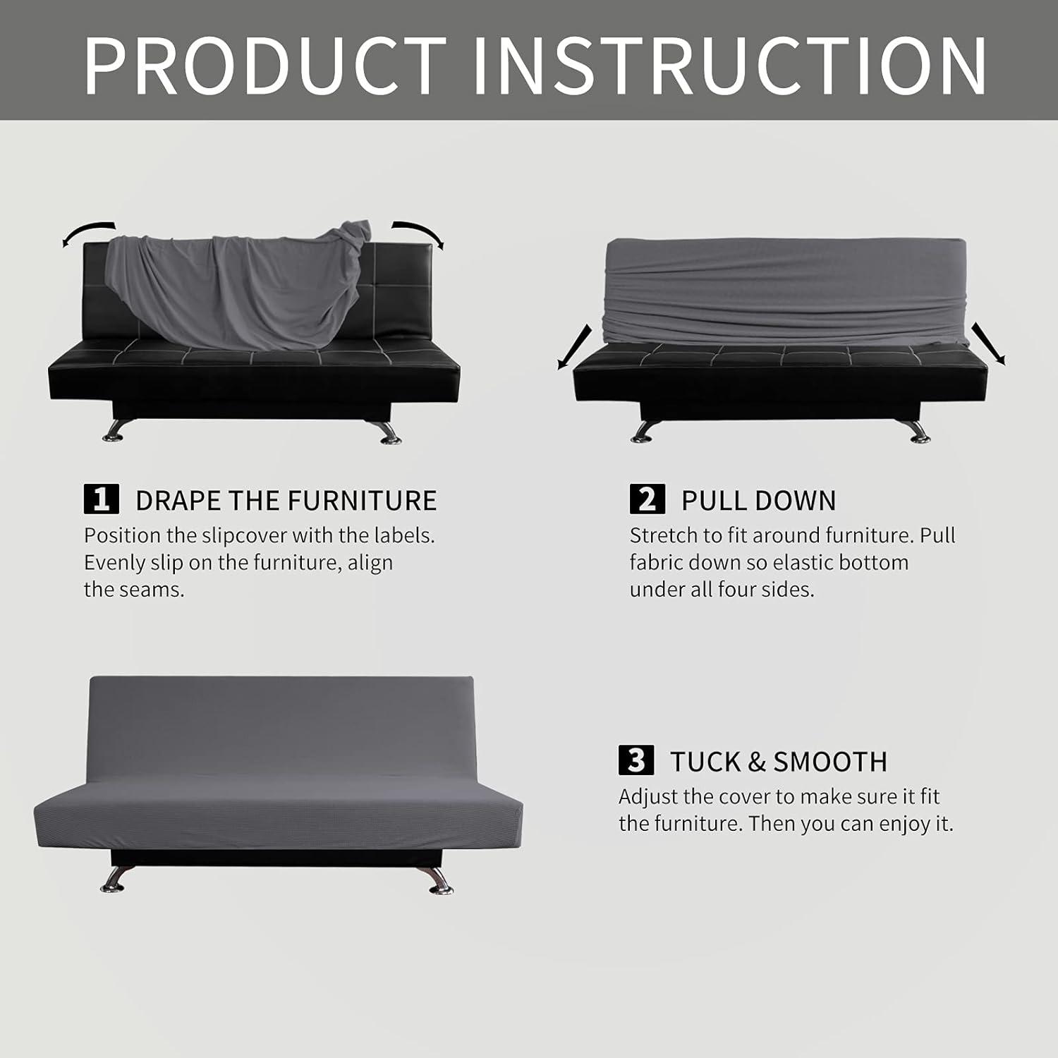 image:imageEasyGoing Stretch Futon Slipcover Armless Futon Bed Cover Furniture Protector Without Armrests with Elastic Bottom for Kids Soft Jacquard Fabric Small Checks Large Dark GrayGrey