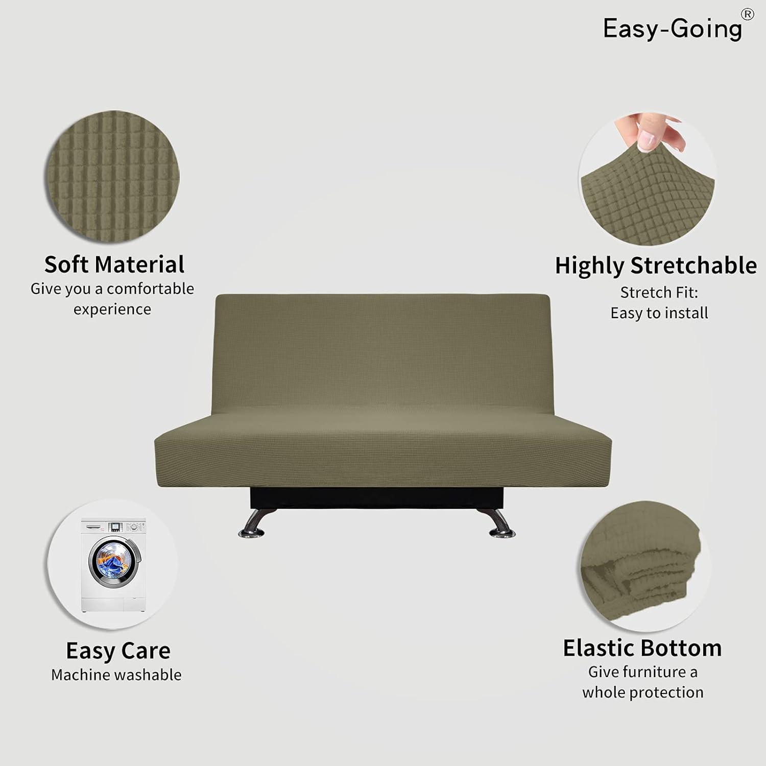 image:imageEasyGoing Stretch Futon Slipcover Armless Futon Bed Cover Furniture Protector Without Armrests with Elastic Bottom for Kids Soft Jacquard Fabric Small Checks Large Dark GrayKhaki