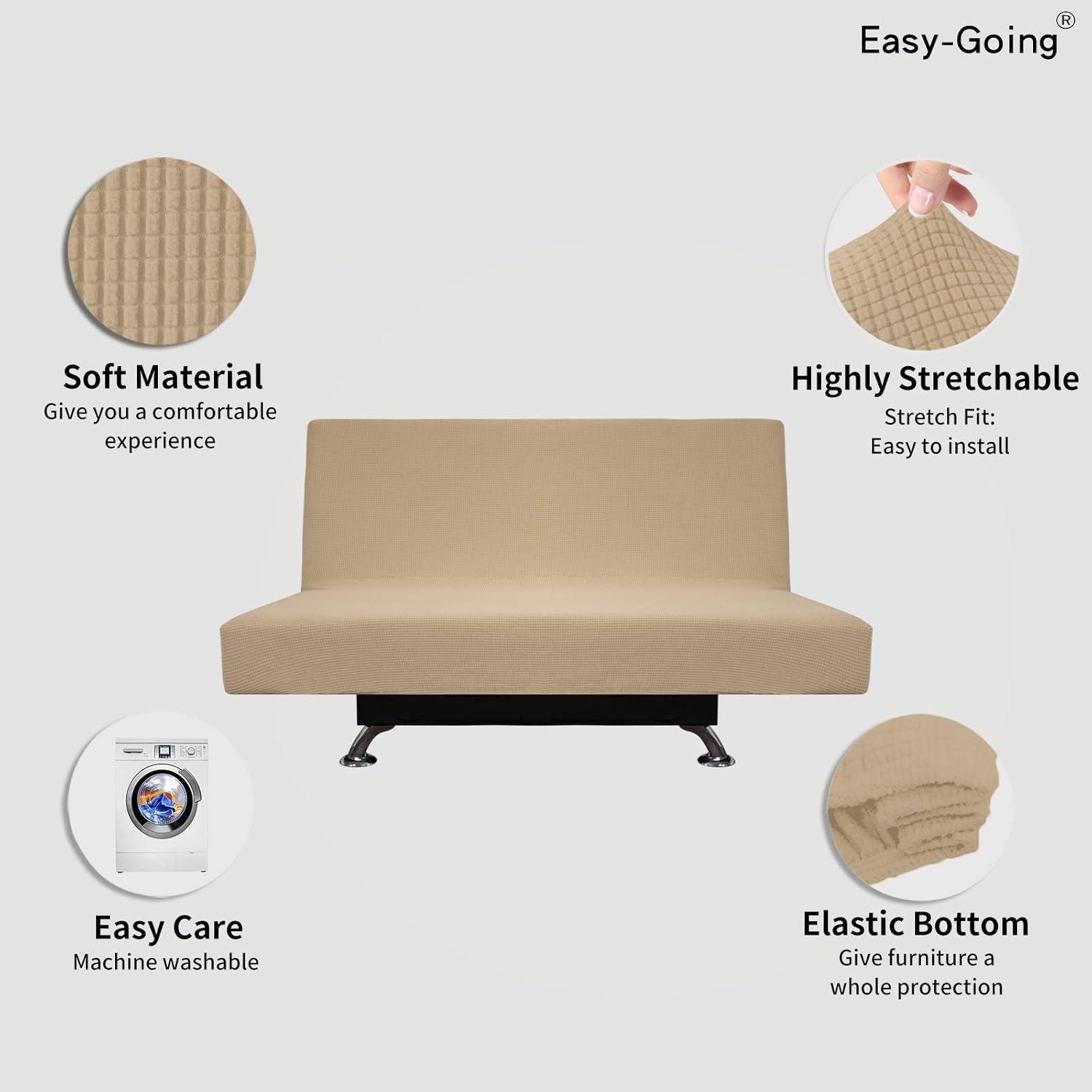 image:imageEasyGoing Stretch Futon Slipcover Armless Futon Bed Cover Furniture Protector Without Armrests with Elastic Bottom for Kids Soft Jacquard Fabric Small Checks Large Dark GraySand