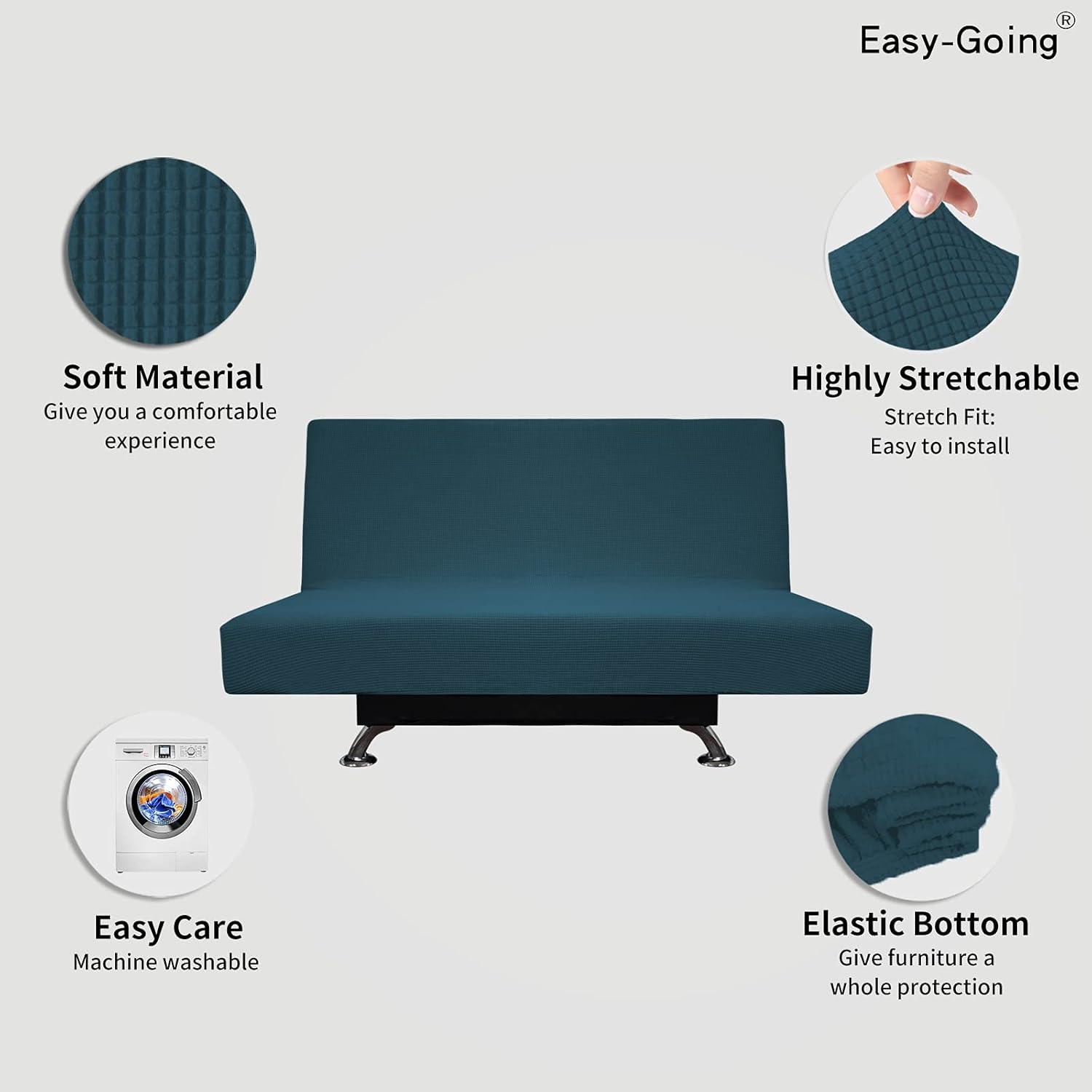 image:imageEasyGoing Stretch Futon Slipcover Armless Futon Bed Cover Furniture Protector Without Armrests with Elastic Bottom for Kids Soft Jacquard Fabric Small Checks Large Dark GrayDeep Teal