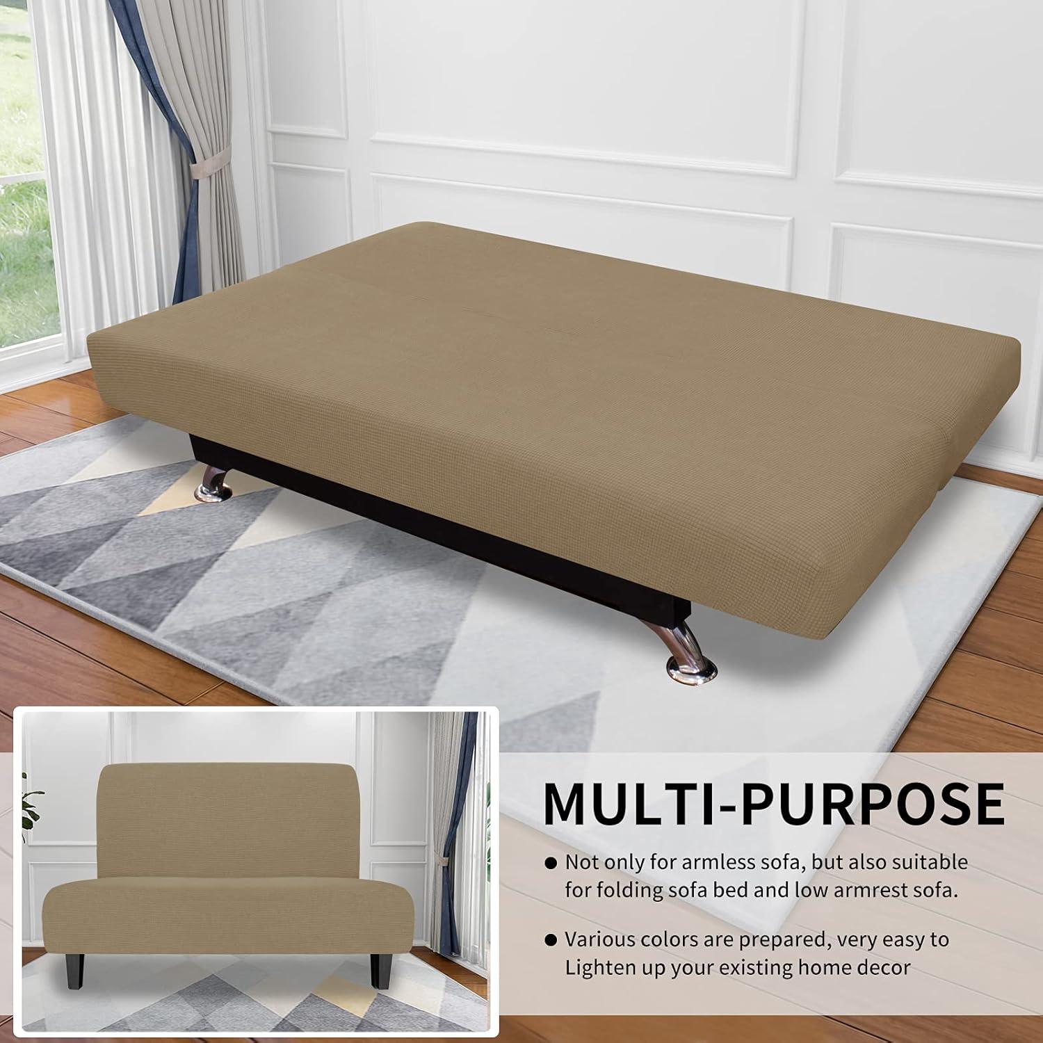 image:imageEasyGoing Stretch Futon Slipcover Armless Futon Bed Cover Furniture Protector Without Armrests with Elastic Bottom for Kids Soft Jacquard Fabric Small Checks Large Dark GrayTan