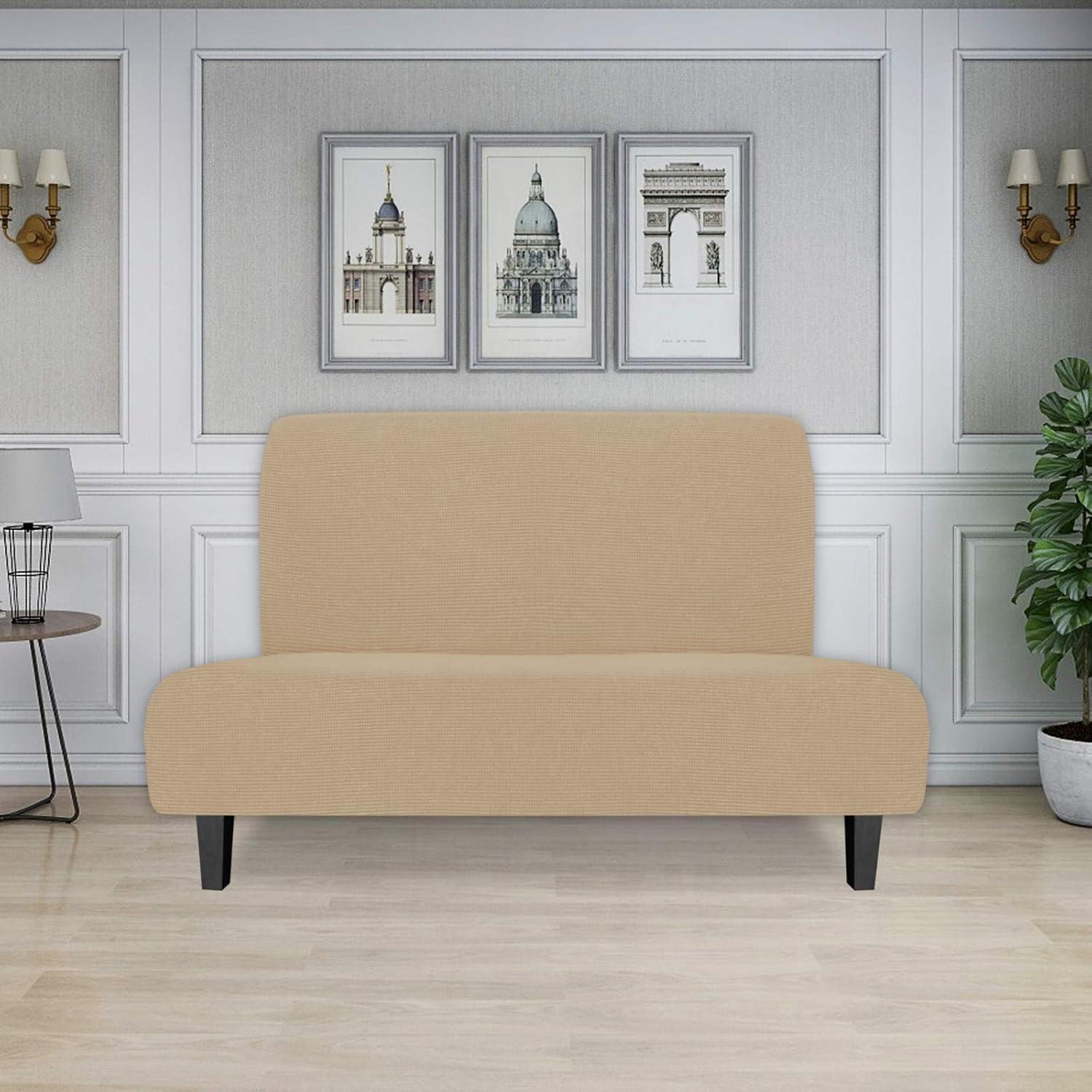 image:imageEasyGoing Stretch Futon Slipcover Armless Futon Bed Cover Furniture Protector Without Armrests with Elastic Bottom for Kids Soft Jacquard Fabric Small Checks Large Dark GraySand