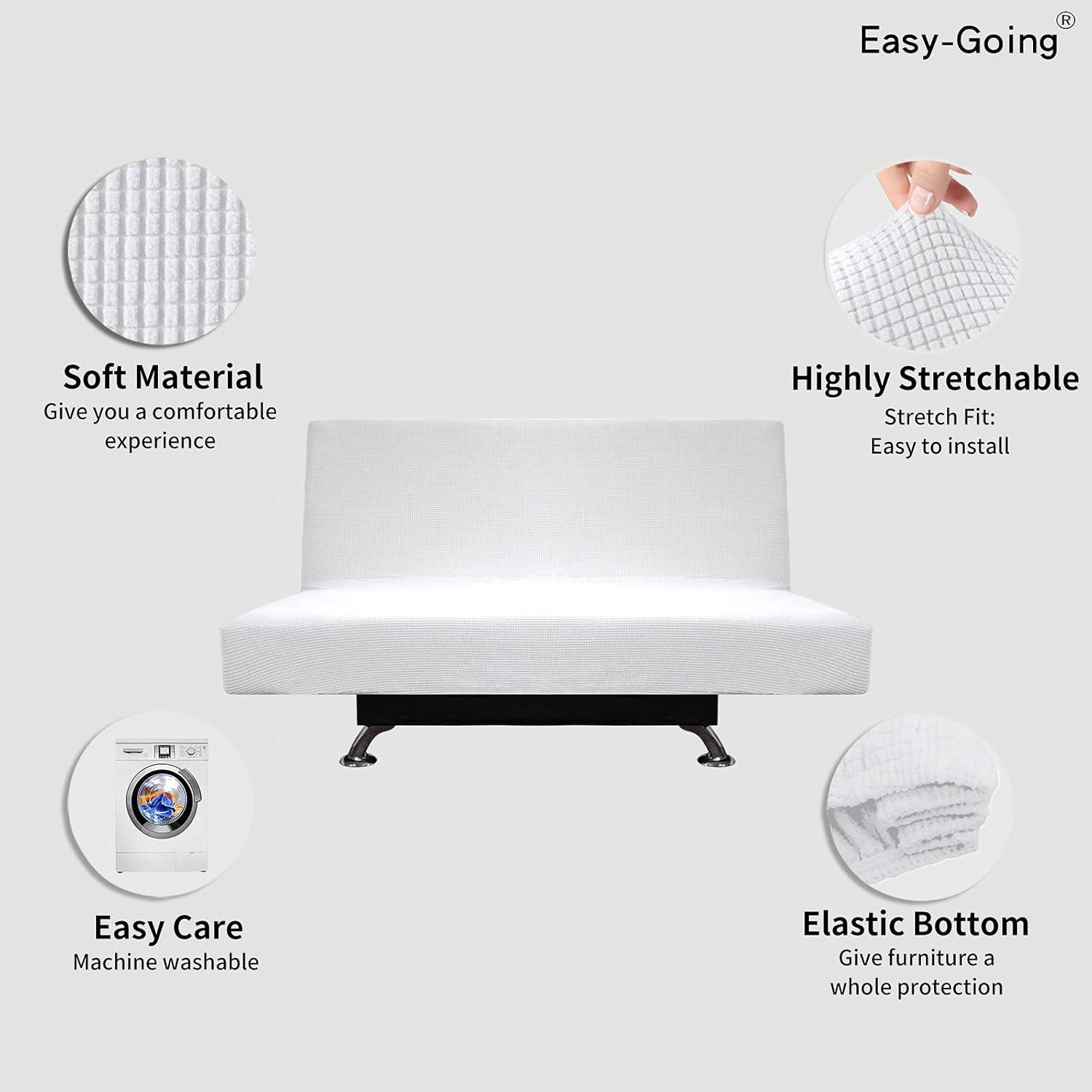 image:imageEasyGoing Stretch Futon Slipcover Armless Futon Bed Cover Furniture Protector Without Armrests with Elastic Bottom for Kids Soft Jacquard Fabric Small Checks Large Dark GraySnow White
