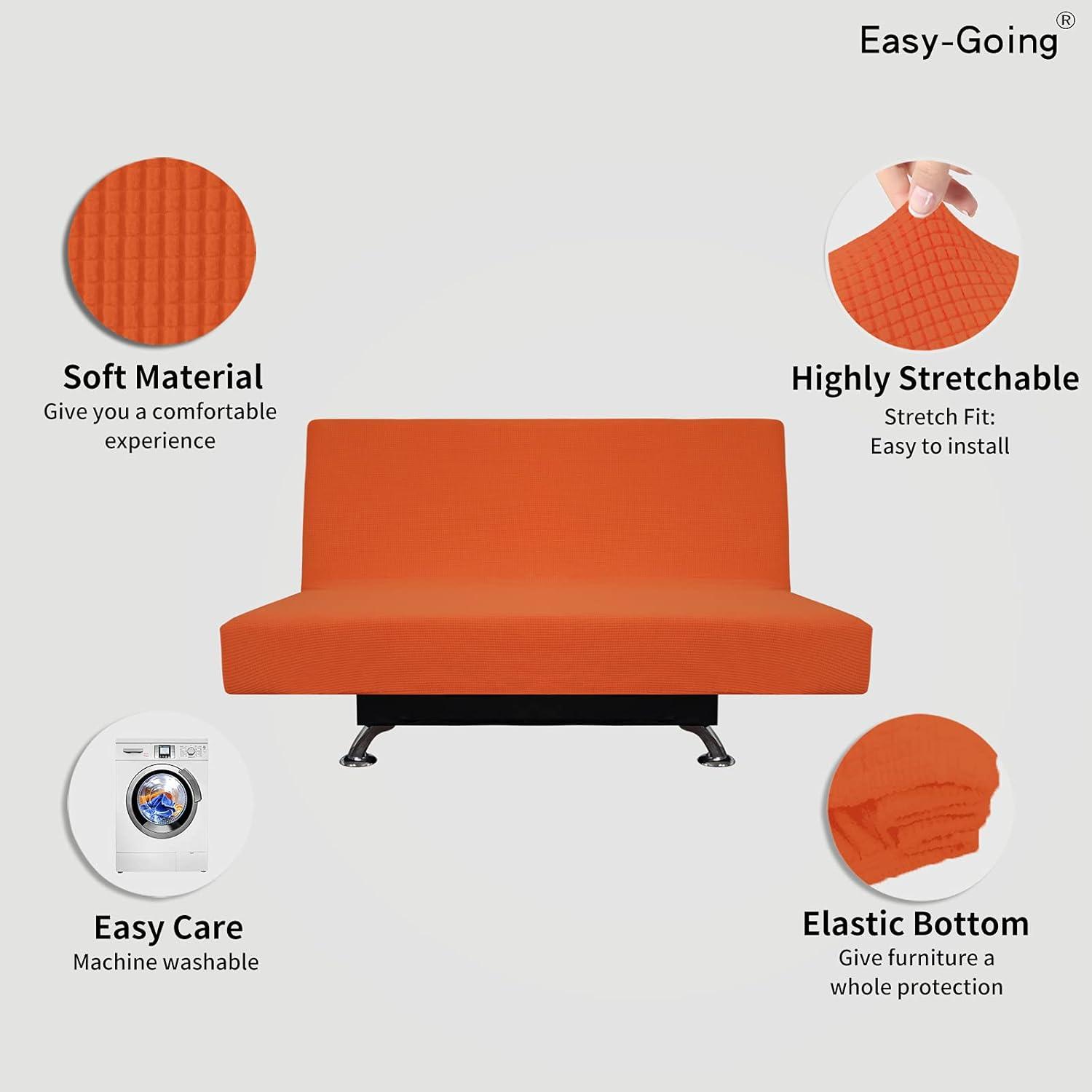 image:imageEasyGoing Stretch Futon Slipcover Armless Futon Bed Cover Furniture Protector Without Armrests with Elastic Bottom for Kids Soft Jacquard Fabric Small Checks Large Dark GrayOrange