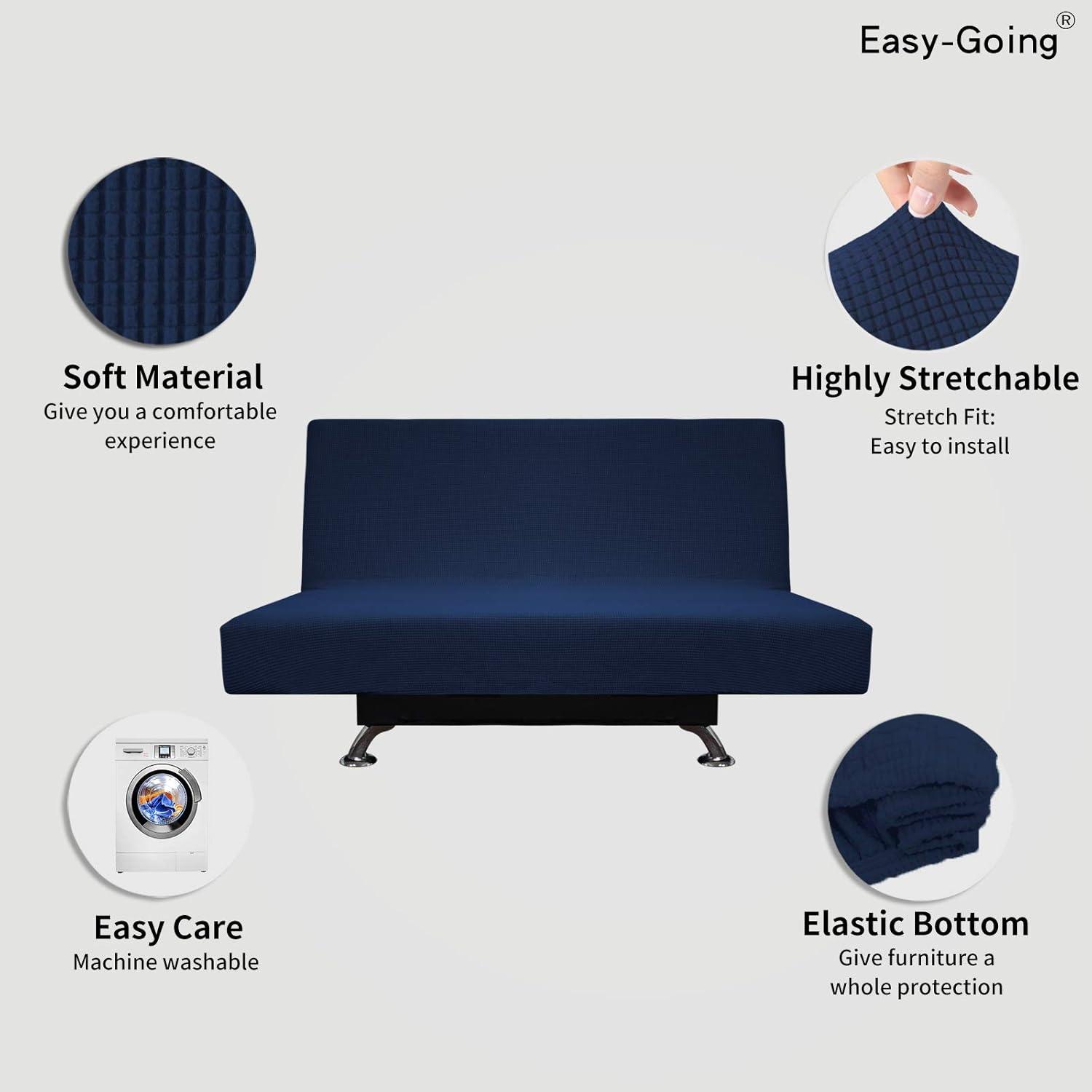 image:imageEasyGoing Stretch Futon Slipcover Armless Futon Bed Cover Furniture Protector Without Armrests with Elastic Bottom for Kids Soft Jacquard Fabric Small Checks Large Dark GrayNavy
