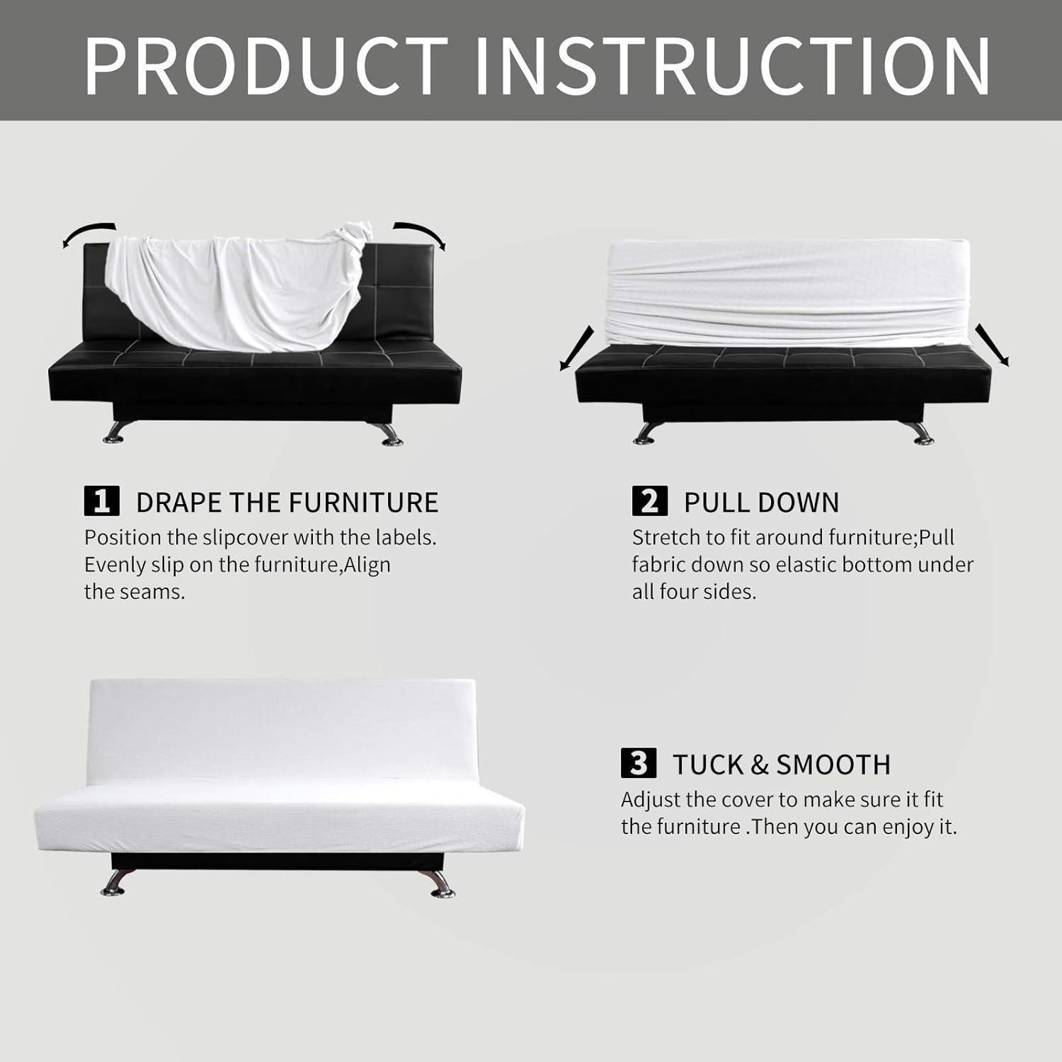image:imageEasyGoing Stretch Futon Slipcover Armless Futon Bed Cover Furniture Protector Without Armrests with Elastic Bottom for Kids Soft Jacquard Fabric Small Checks Large Dark GraySnow White