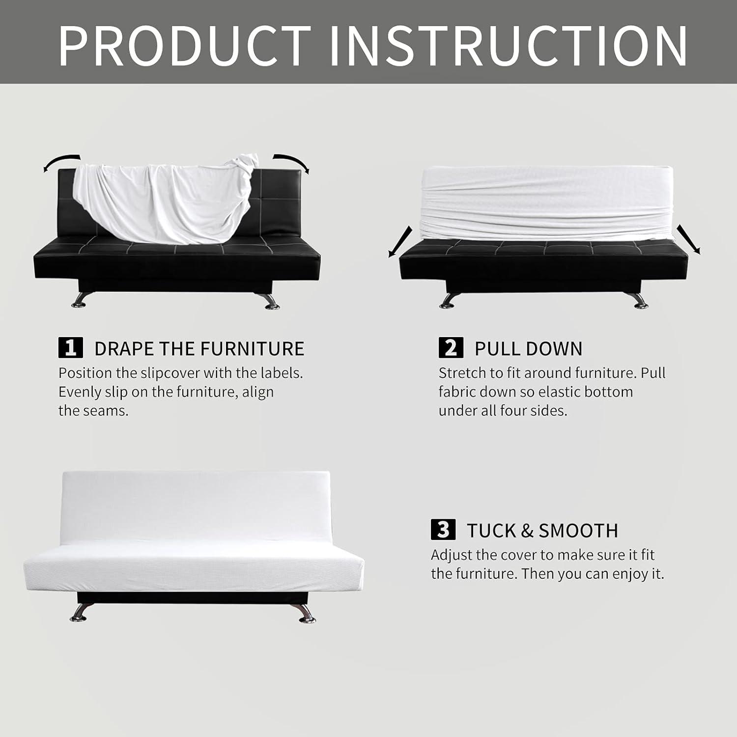 image:imageEasyGoing Stretch Futon Slipcover Armless Futon Bed Cover Furniture Protector Without Armrests with Elastic Bottom for Kids Soft Jacquard Fabric Small Checks Large Dark GraySnow White