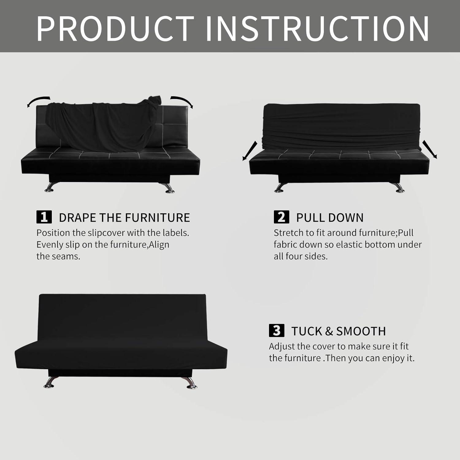 image:imageEasyGoing Stretch Futon Slipcover Armless Futon Bed Cover Furniture Protector Without Armrests with Elastic Bottom for Kids Soft Jacquard Fabric Small Checks Large Dark GrayBlack