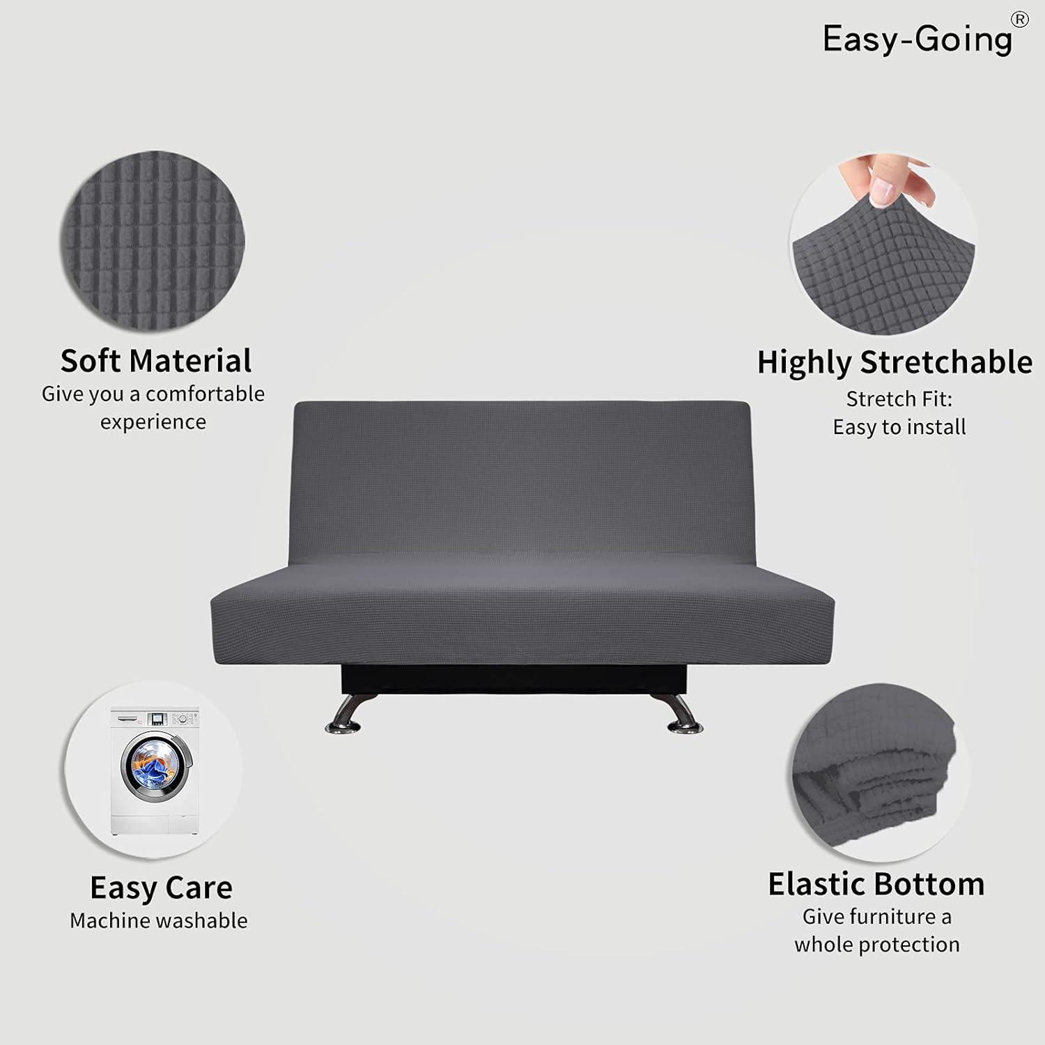 image:imageEasyGoing Stretch Futon Slipcover Armless Futon Bed Cover Furniture Protector Without Armrests with Elastic Bottom for Kids Soft Jacquard Fabric Small Checks Large Dark GrayGrey