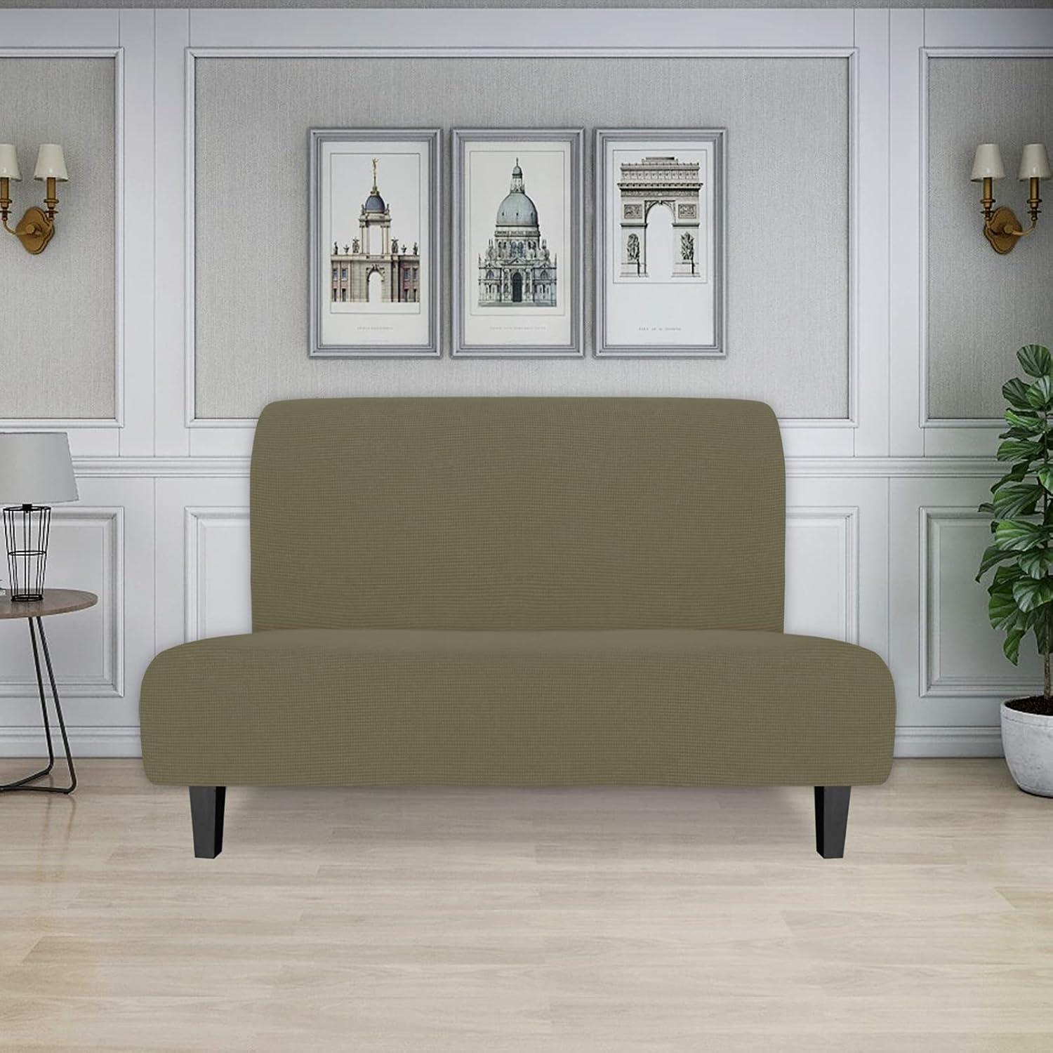 image:imageEasyGoing Stretch Futon Slipcover Armless Futon Bed Cover Furniture Protector Without Armrests with Elastic Bottom for Kids Soft Jacquard Fabric Small Checks Large Dark GrayKhaki