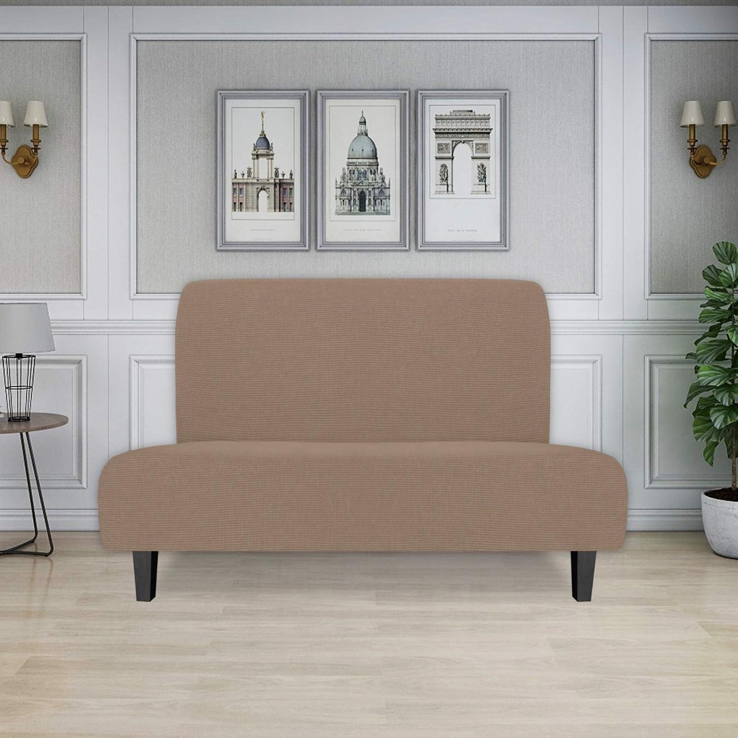image:imageEasyGoing Stretch Futon Slipcover Armless Futon Bed Cover Furniture Protector Without Armrests with Elastic Bottom for Kids Soft Jacquard Fabric Small Checks Large Dark GrayCamel
